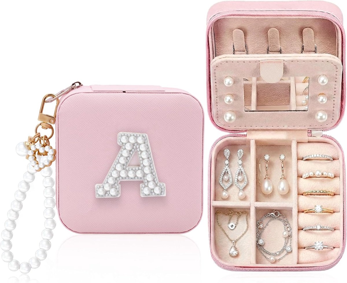 SnelShoppen - Gepersonaliseerd sieradendoosje met parelinitiaal, luxe PU-lederen reissieradenorganizer met spiegel, kleine sieradenopslag voor vrouwen