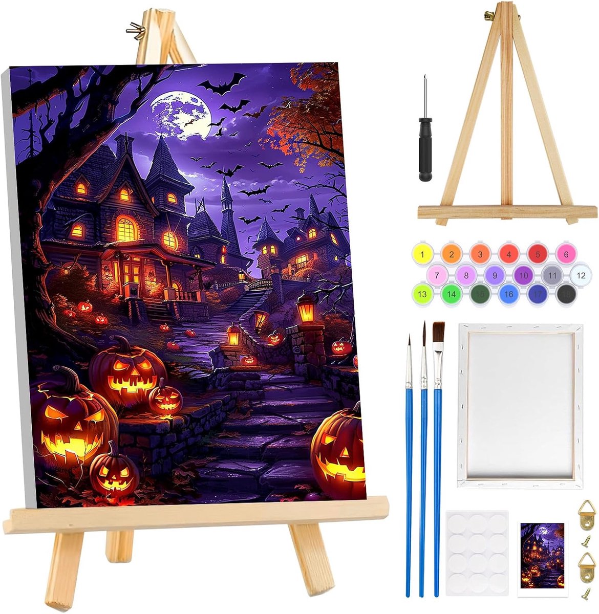 SnelShoppen - Halloween Schilderen op Nummer voor Volwassenen Beginners met Frame en Ezel - Pompoenkasteel Schilderpakket - Eenvoudige Doe-Het-Zelf Ol