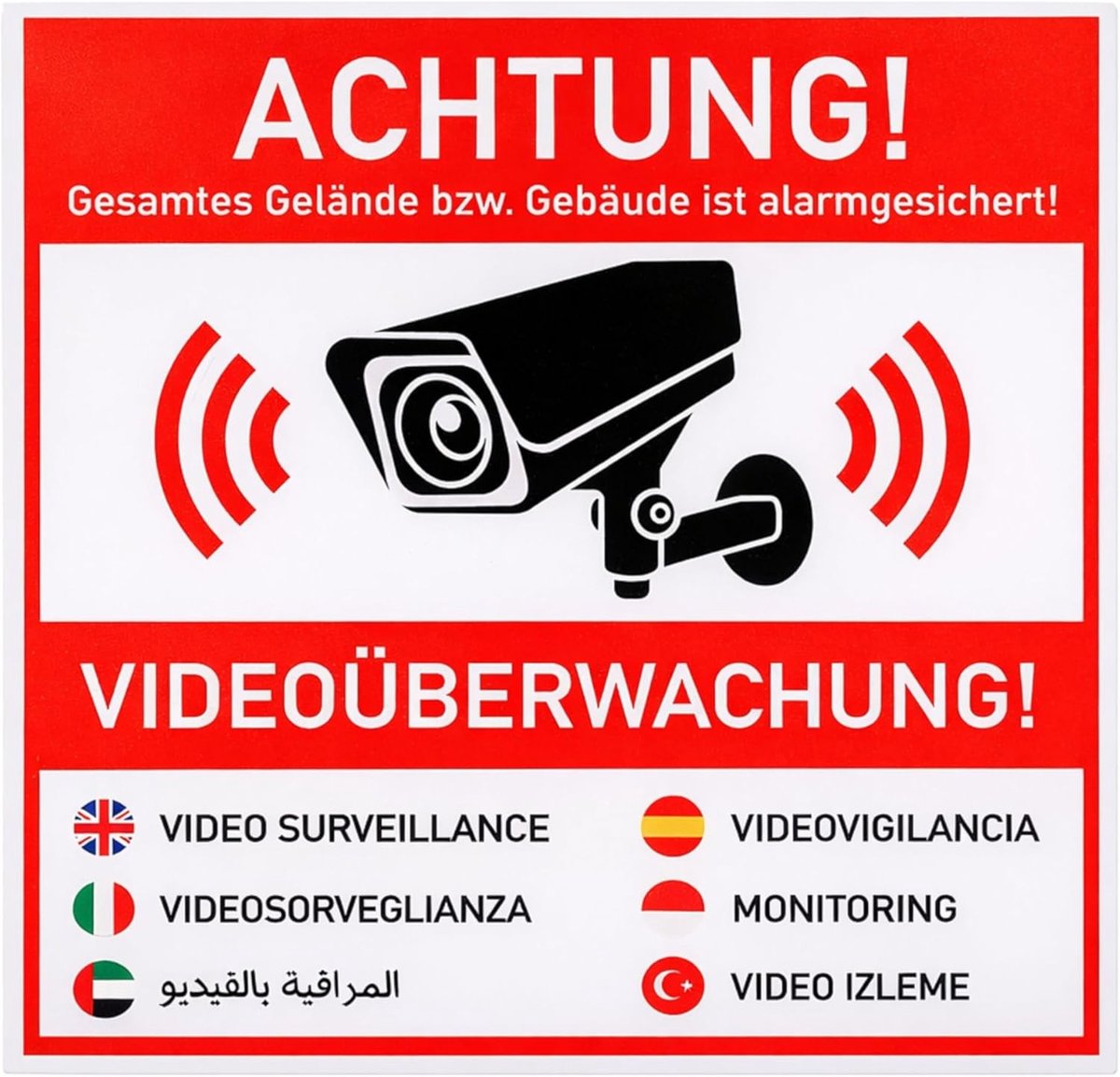 SnelShoppen - Sticker Set 'ATTENTION! VIDEO SURVEILING!', 6 stuks, 10 x 10 cm, zelfklevende waarschuwingstickers voor binnen en buiten, camera-informa