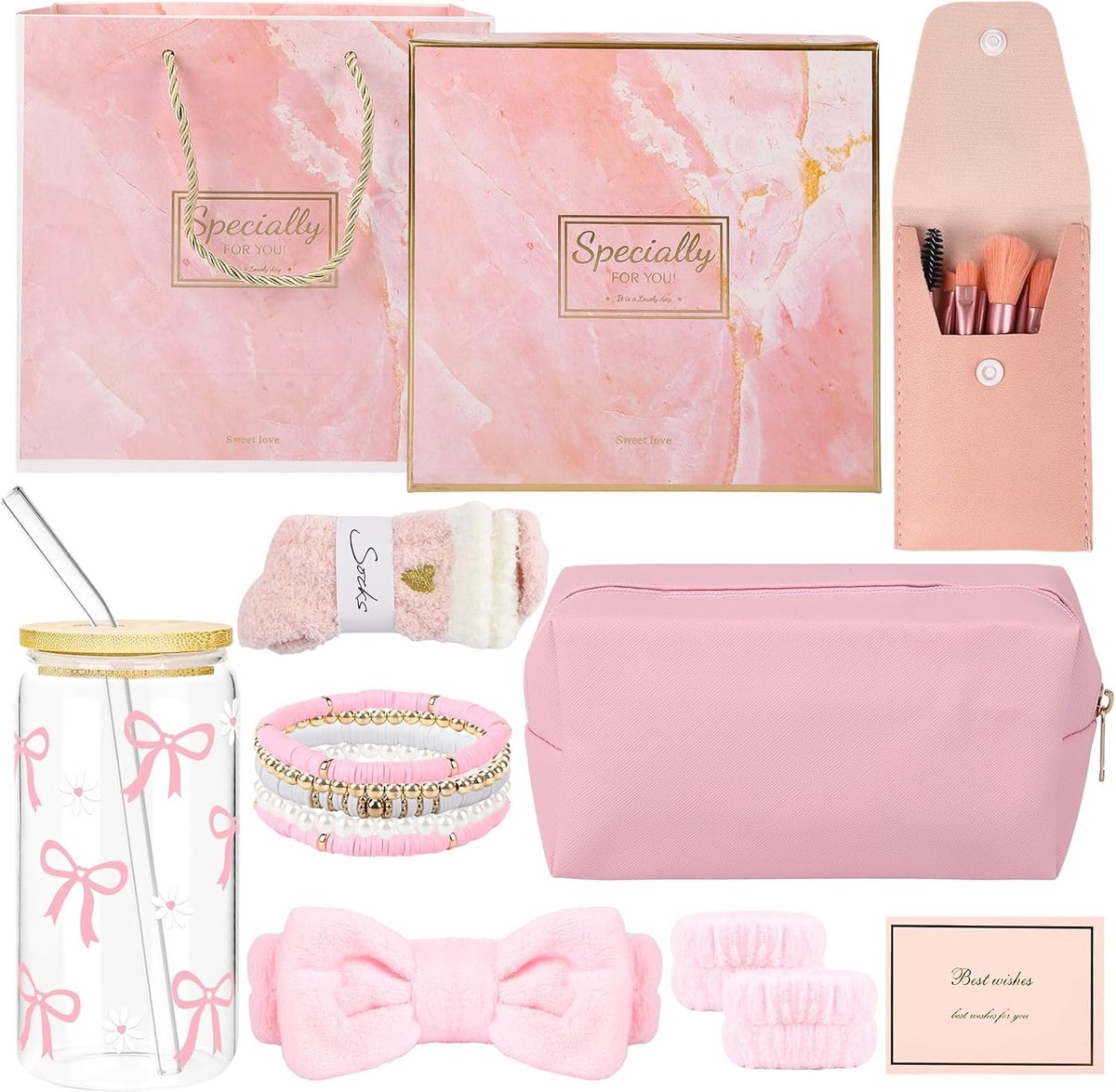 SnelShoppen - Complete Cadeauset voor Meisjes van 9-16 Jaar - Glazen Drinkbeker met Rietje en Deksel, 8 Mini Make-upkwasten, Roze Make-up Tas, Hoofdba
