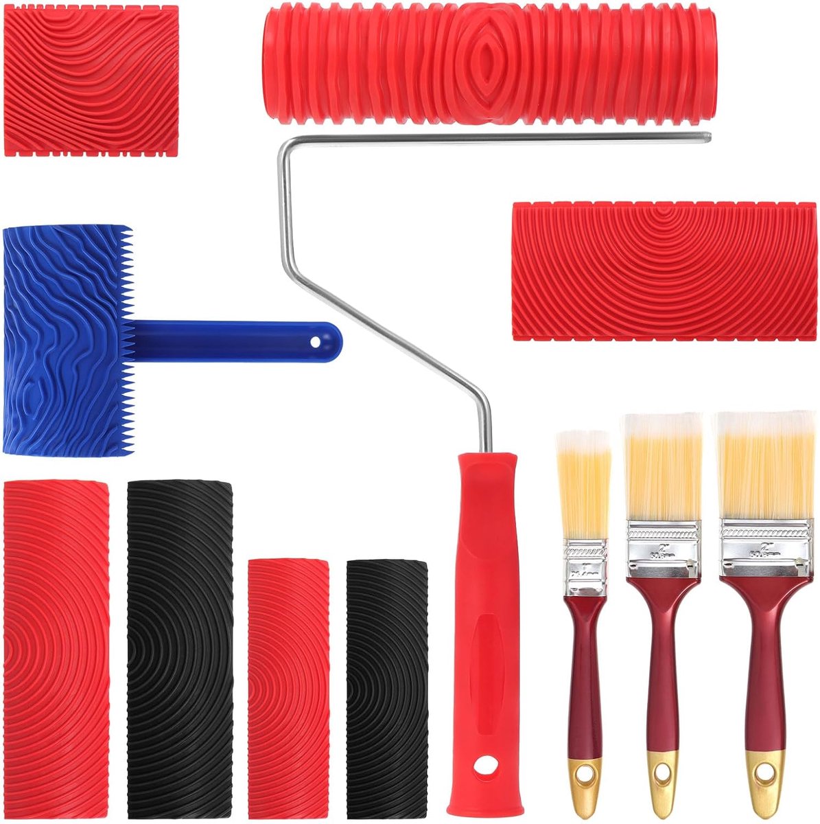 SnelShoppen - 8 Stuks Houtnerf Schilder Gereedschapset + 3 Verfkwasten - Rubber Houtnerf Tools voor DIY Muurdecoratie, Herbruikbaar, Niet-toxisch, Voo