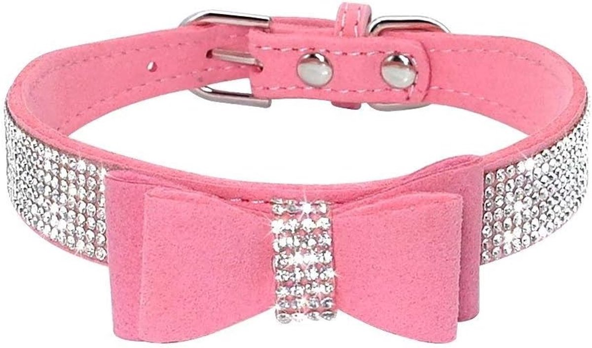 SnelShoppen - Rhinestone Hondenhalsband, Schattige Zachte Suède Leren Hondenhalsband met Kristallen Diamanten, Verstelbaar XS, Roze, Perfect voor Pupp