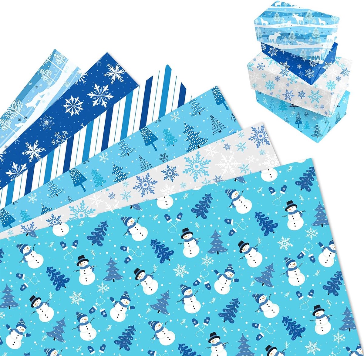 SnelShoppen - 12 Vellen Kerst Cadeaupapier met Winterdesigns - Blauw Sneeuwvlokken, Kerstman en Rendier - 68 x 50 cm - Perfect voor Feestdagen, Verjaa