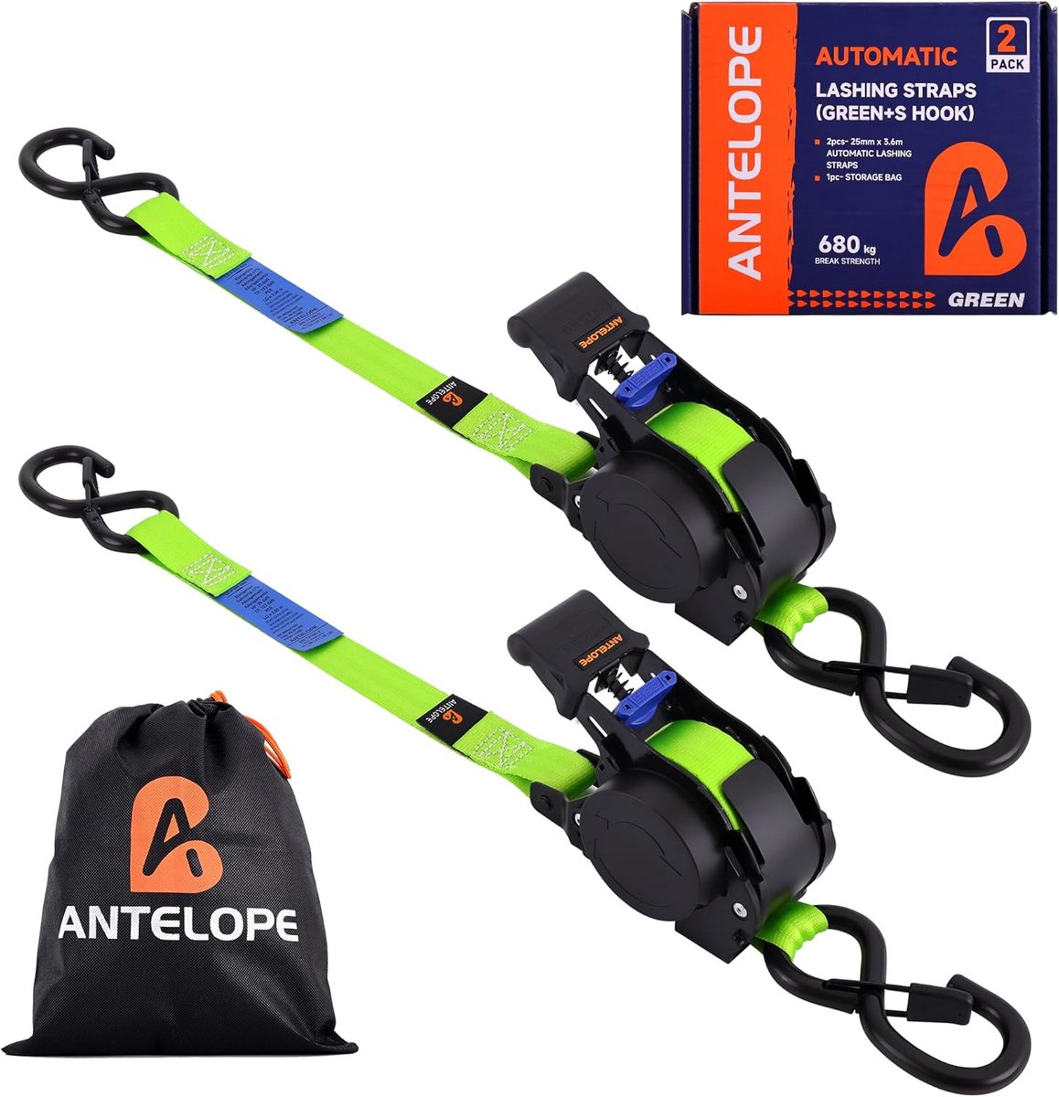 SnelShoppen - Automatische Lashing Strap 3.6m x 25mm - 2 Stuks - Tension Belt Roller tot 680kg - Retractable Lashing Straps met Ratchet en S Hook voor