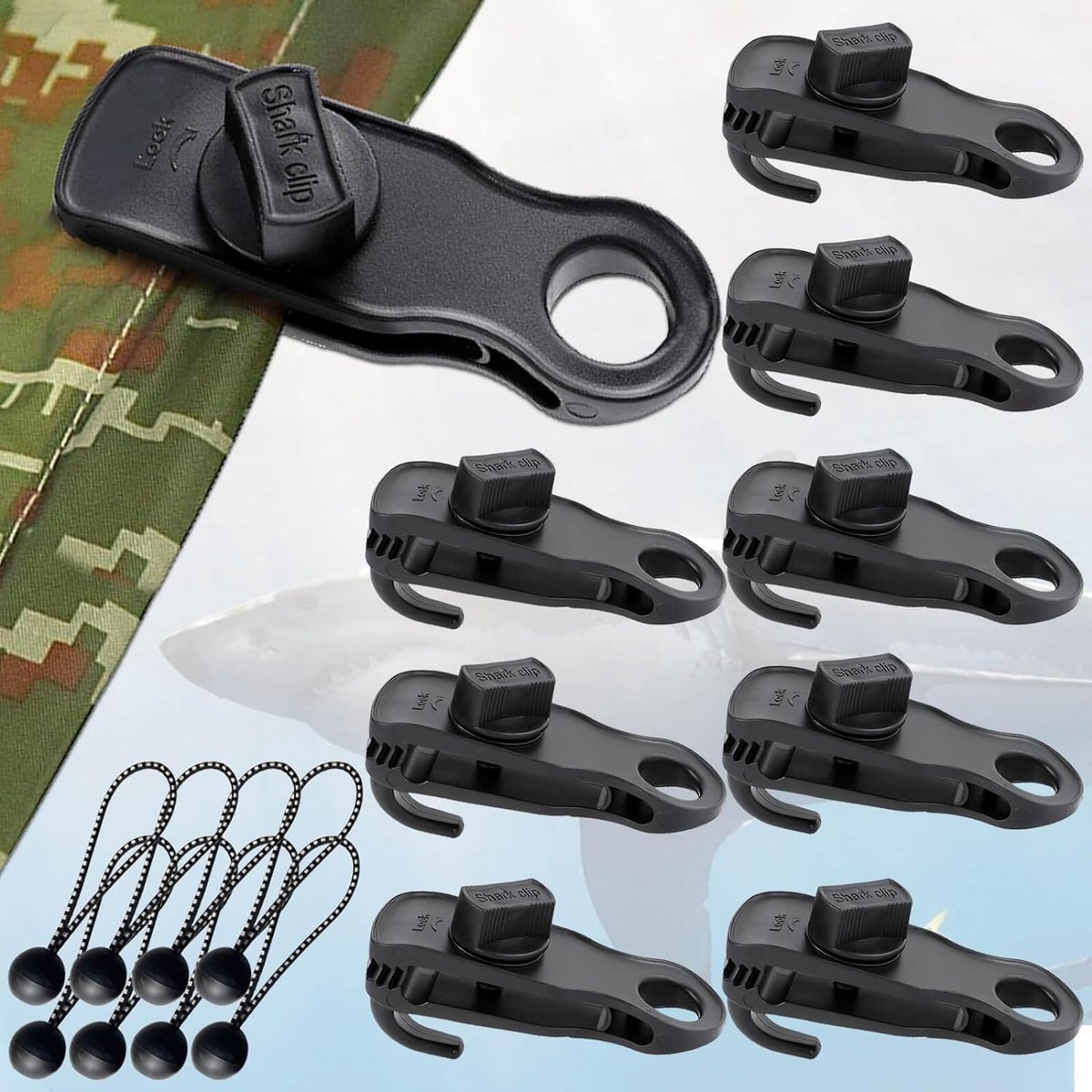 SnelShoppen - Tarpaulin Tensioners Clips Set - 8 Stuks Met Haak en Elastische Band - Duurzame Tarp Klemmen Voor Camping, Tent, RV, Banner Bevestiging