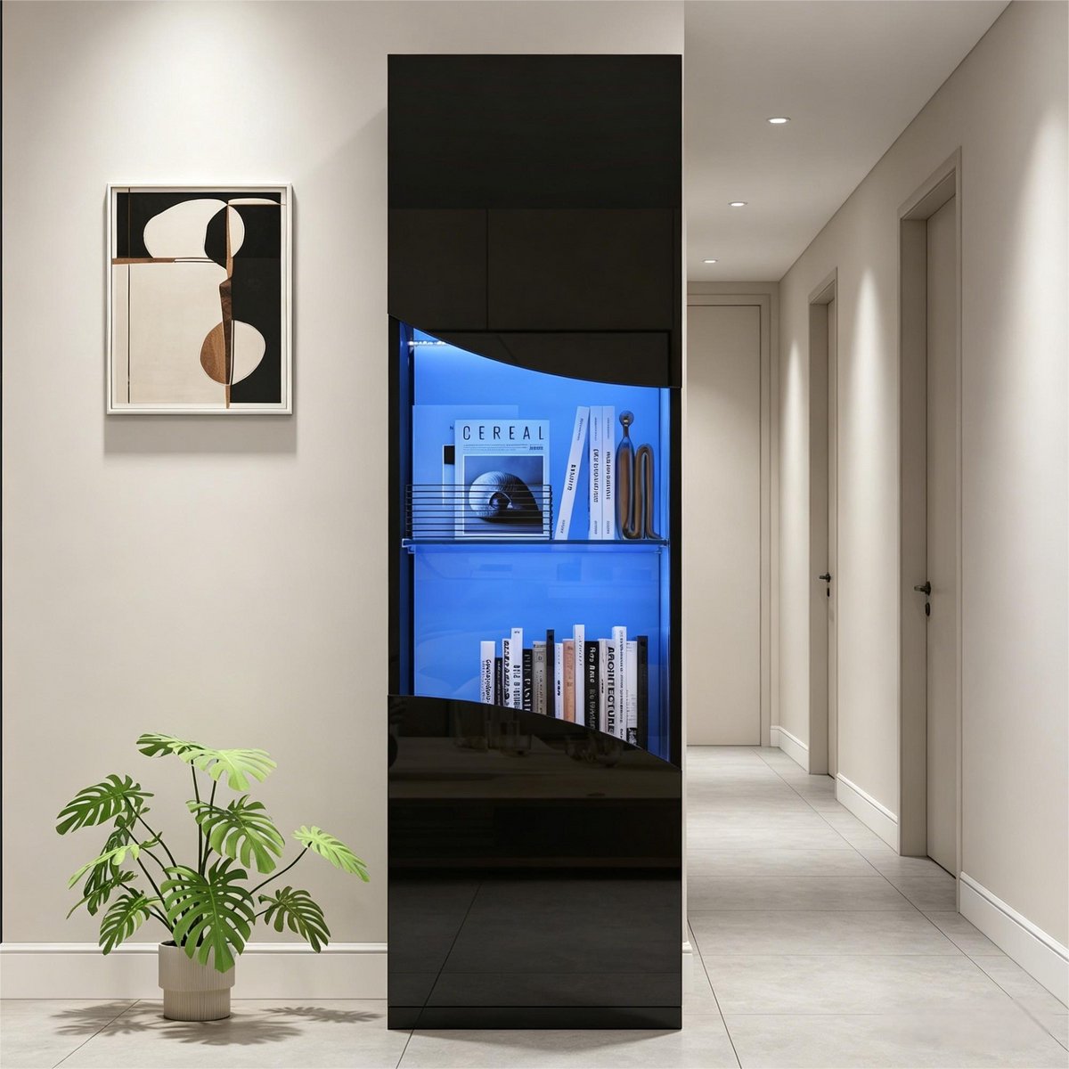 COVREO Buffetkast 35 x 50 x 165 cm zwart hoogglans met LED verlichting en 4 niveaus
