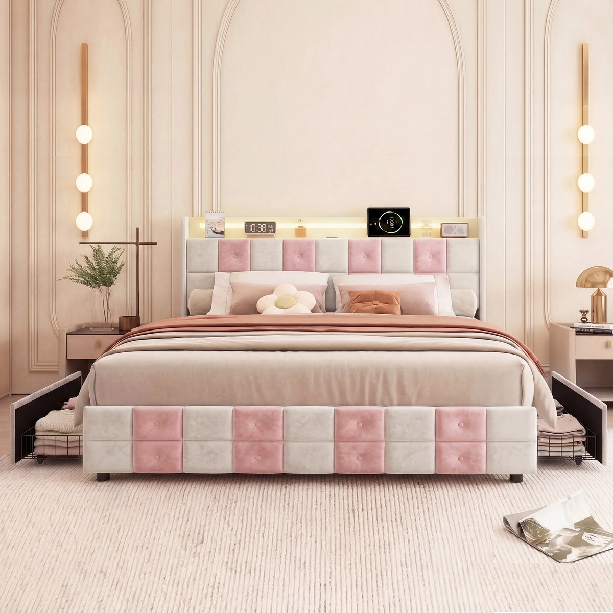 Bed 140x190 Wit/Roze Velvet – met LED, USB-C & 4 Lades