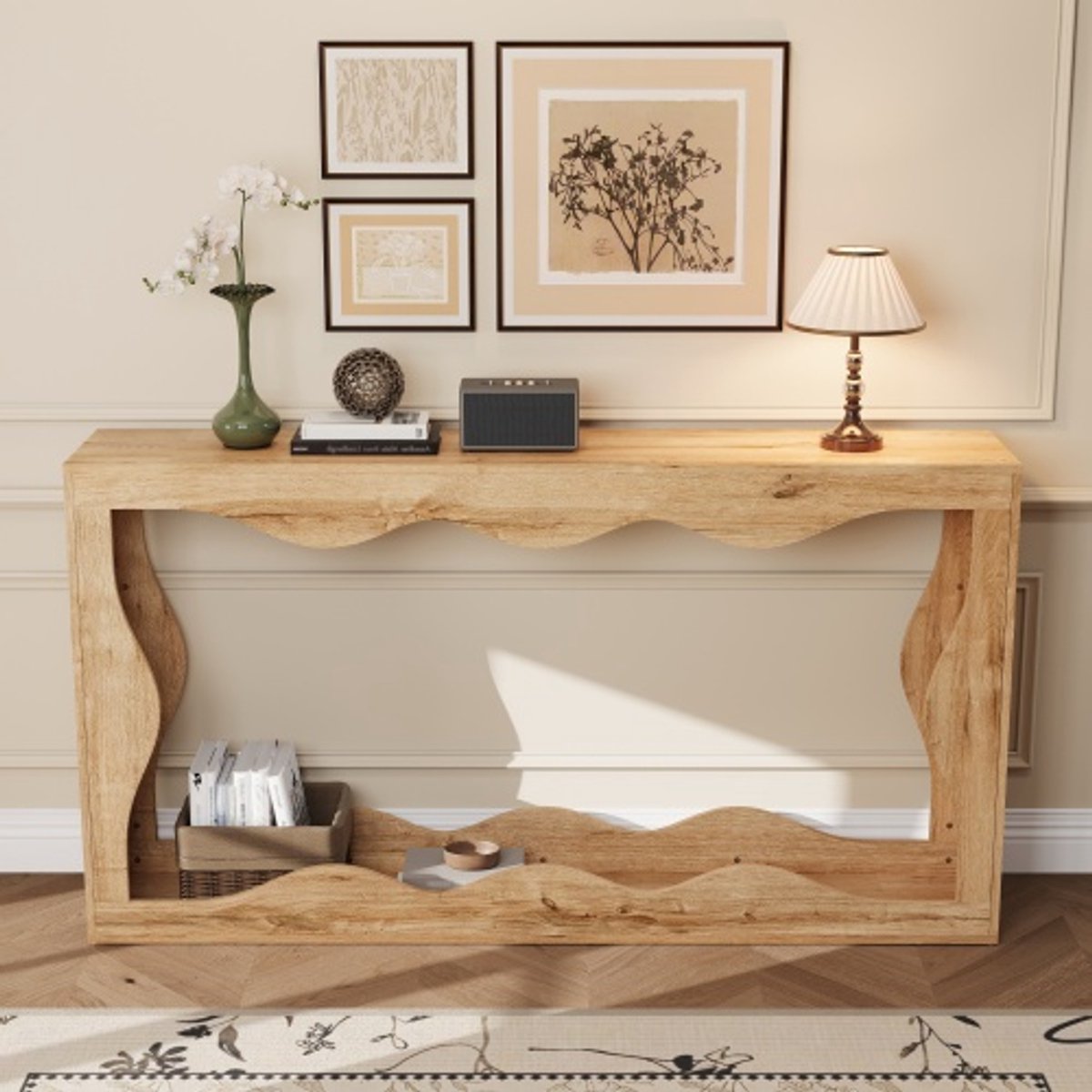 Consoletafel met golvende rand, 2-laags plank, lange tafel met houtlook, decoratieve tafel voor de woonkamer, halplank, ontwerp met natuurlijke rand, bijzettafel