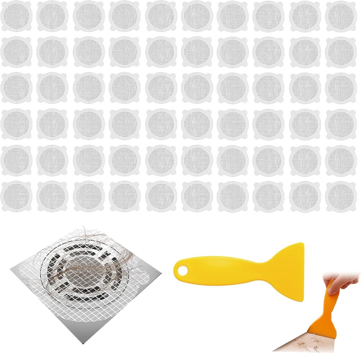 Effectieve doucheafvoer filters 60 stuks 10x10 cm – Zelfklevend en wegwerpbaar – Bescherming tegen haar, vuil en verstoppingen voor badkamer, keuken en afvoerputjes