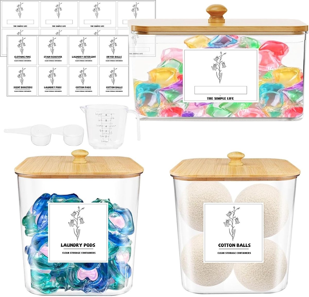 Set van 3 Wasmiddeldozen met Bamboe Deksel, Grote Opbergruimte voor Waspoeder, Badbommen en Geurversterkers met 16 Waterdichte Labels