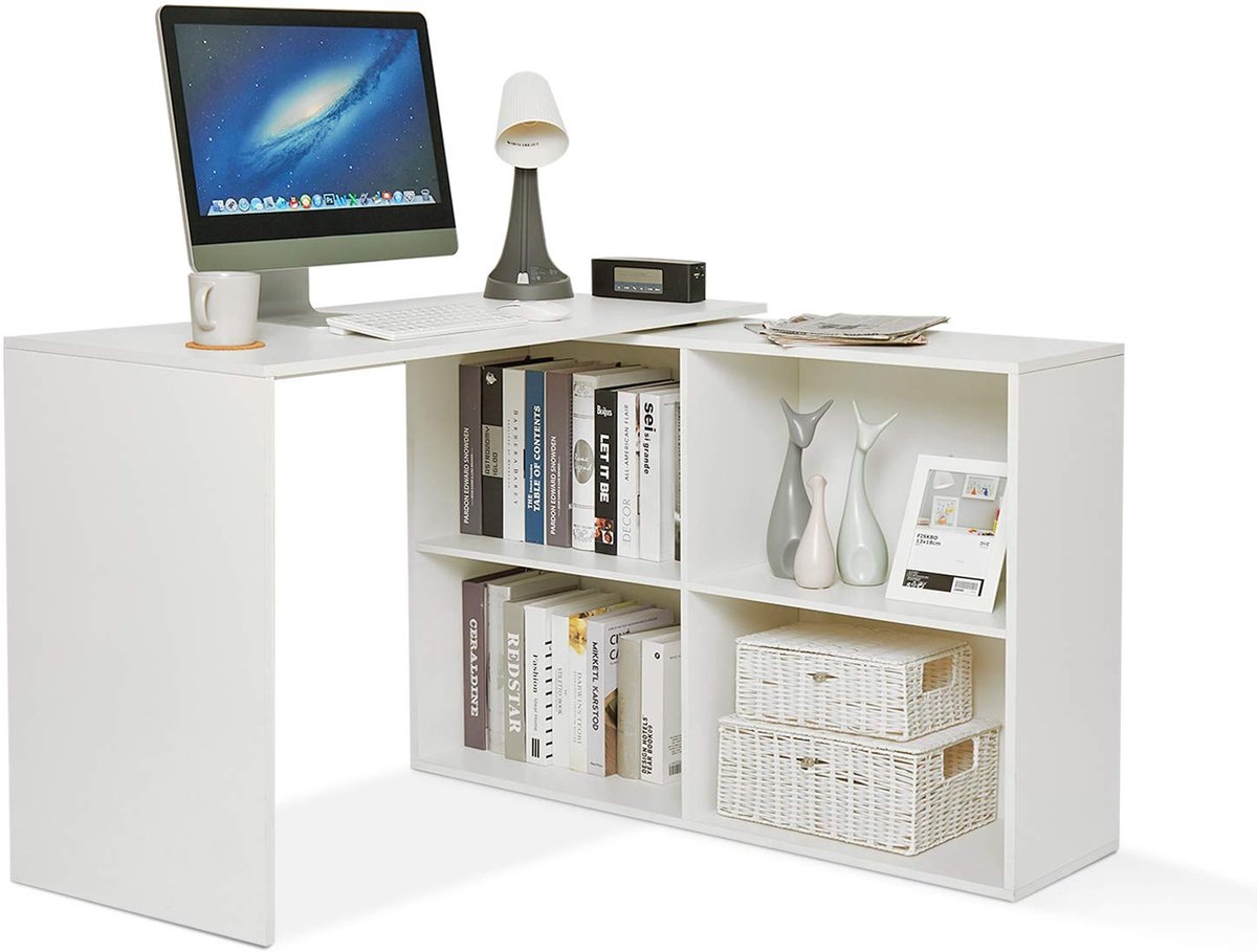 SnelShoppen - Hoekbureau van Gebouwd Hout in Wit, Compact en Modern, Ideaal voor Thuiswerk, Studeren en Kantoor, 10610674.5