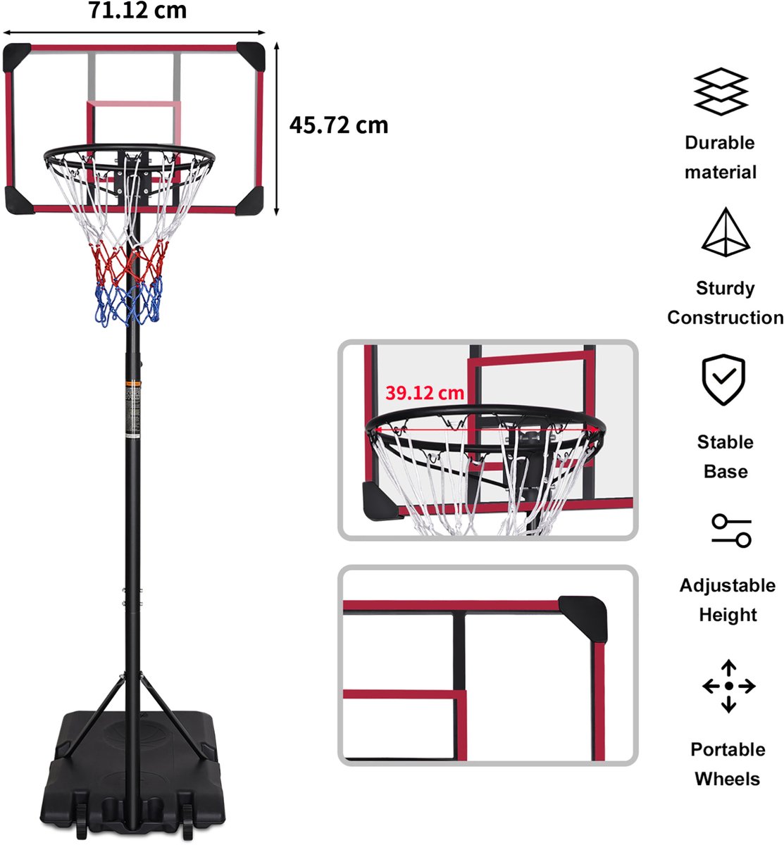 FloraGrace Basketbalstandaard - Verstelbare Hoogte 170-213 cm - Verrijdbaar - IJzer en Kunststof - Zwart Rood - Voor Binnen En Buiten