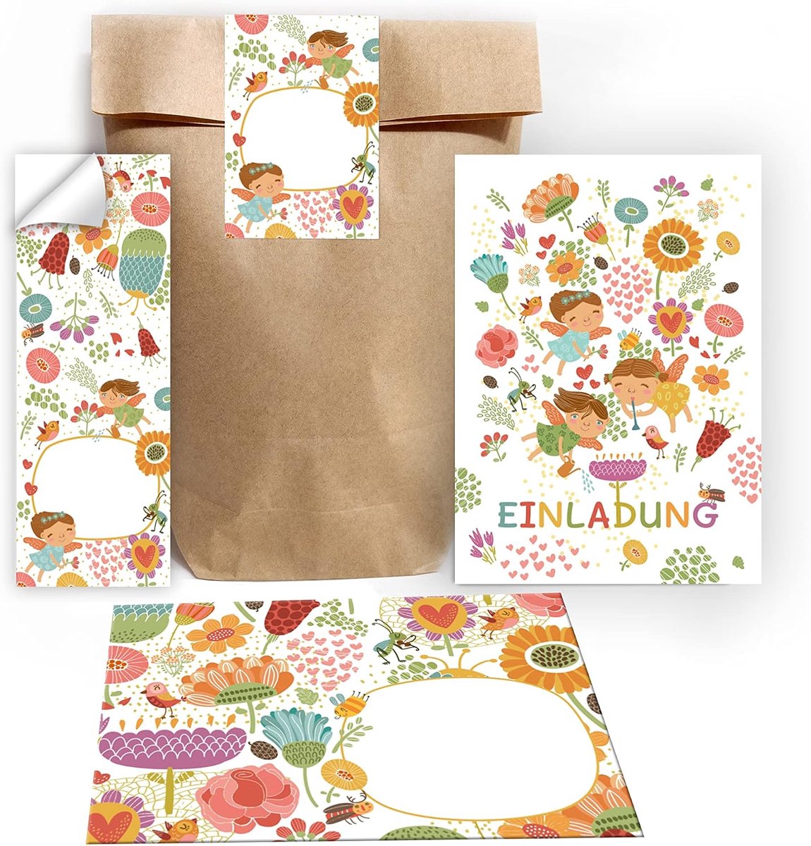 SnelShoppen - 12 Uitnodigingskaarten Kinderverjaardag Meisjes Feeën incl. 12 Enveloppen, 12 Cadeautasjes en 12 Stickers - Perfect voor Feestjes en Ver