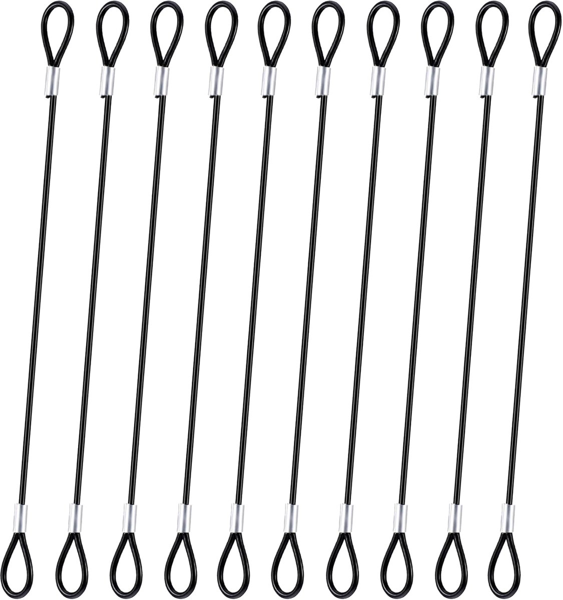 SnelShoppen - 10pcs Draad Kabel met Oogjes Zwarte Lus 30cm x 2mm RVS Veiligheidskabel Gevlochten Lus Kabel voor Fietsen Bagage Deursloten