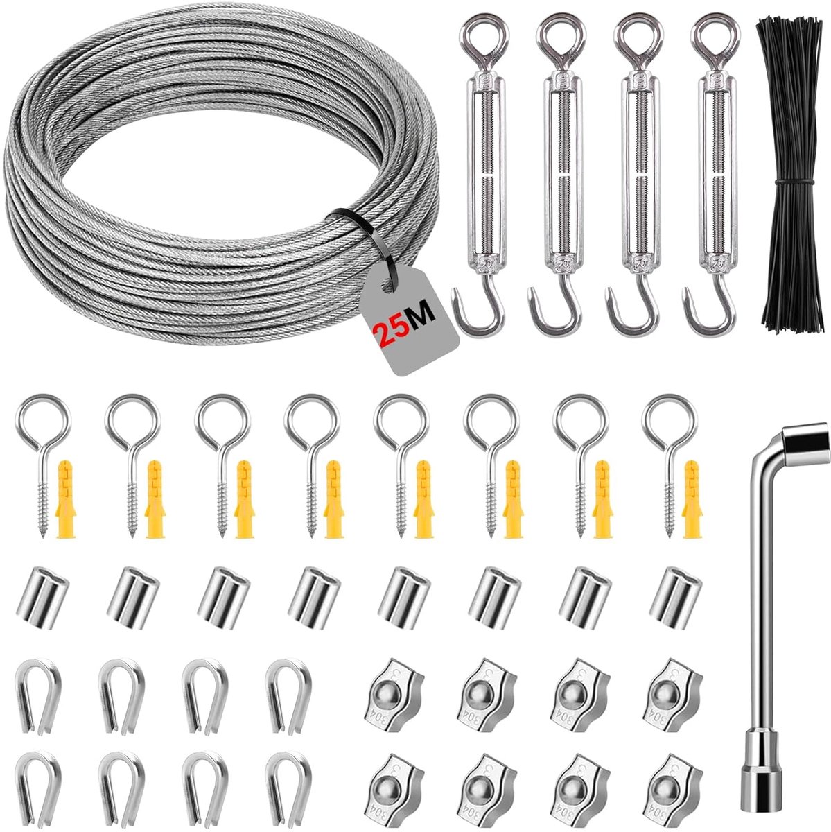 SnelShoppen - RVS Draad Touw Set 25m 3mm, Stalen Kabel met M5 Ogen, Spanningstrekker, Turnlock, PVC Bescherming voor Klimplanten, Hekken, Licht Ophang