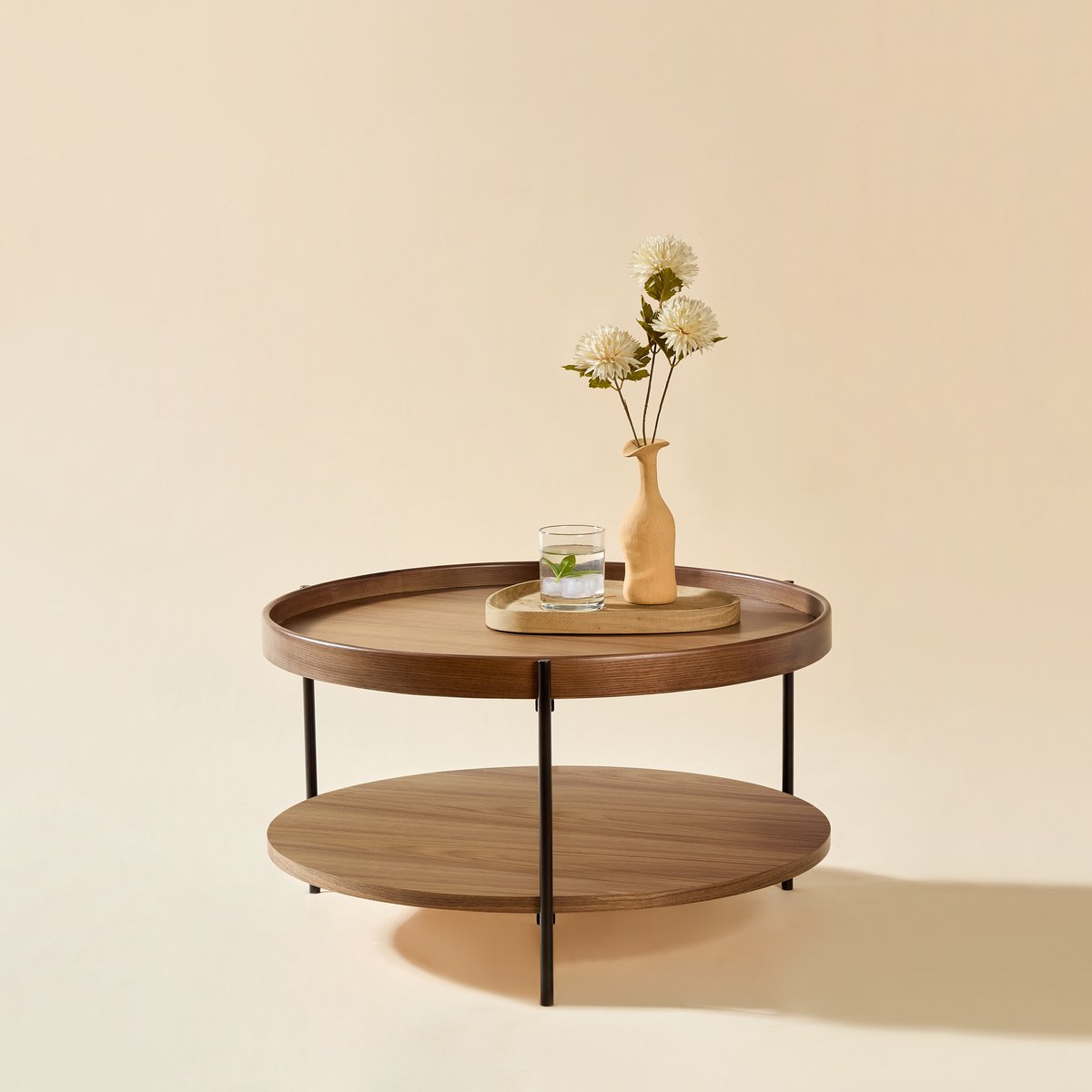 COVREO Salontafel 69x69x38 cm – rond, walnoot, hout en metaal, dubbel etage