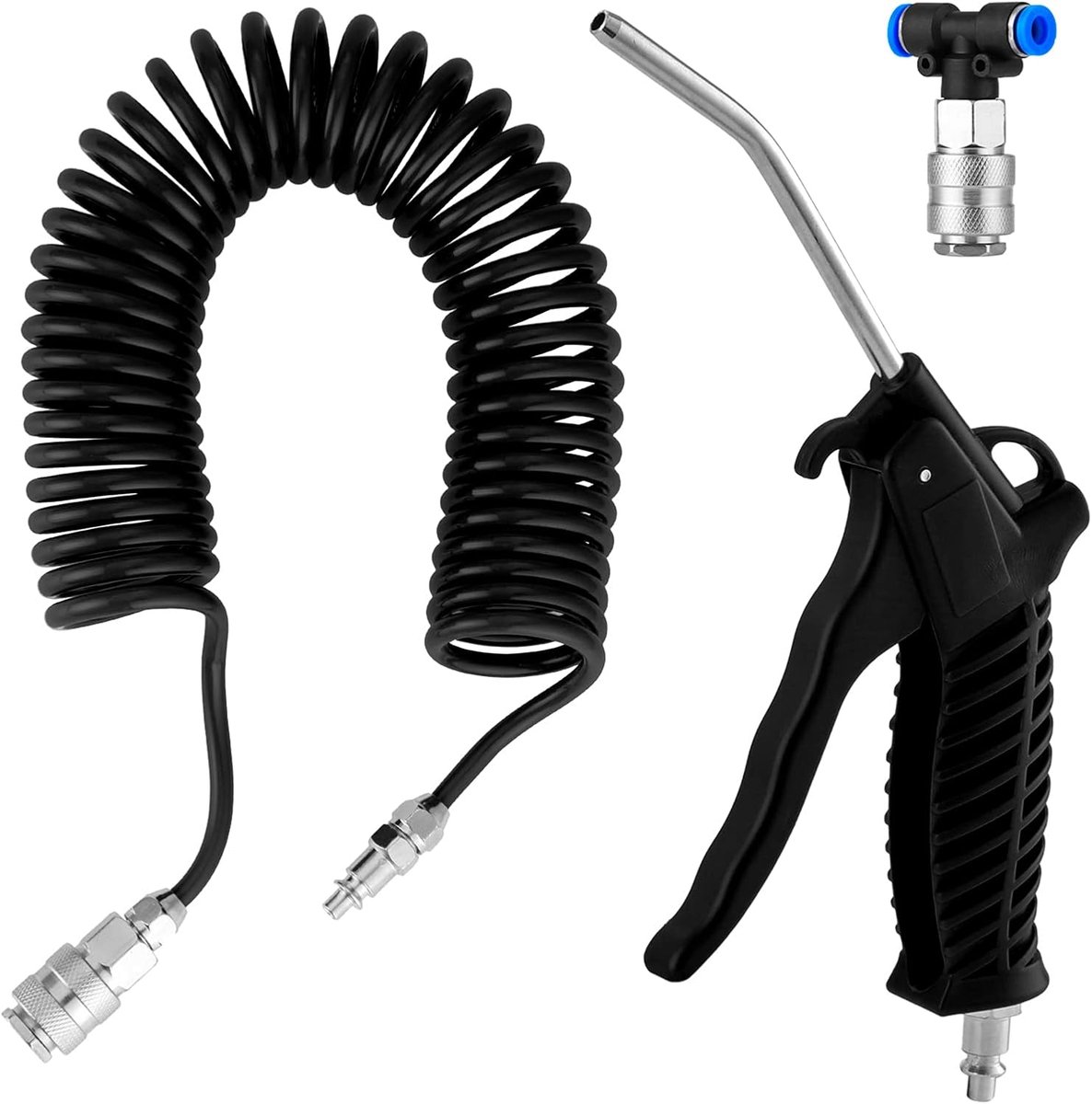 SnelShoppen - Air Blow Gun met 5 m Spiralen Hose, Flexibele Slang voor Compressed Air, Professionele Blower voor het Schoonmaken van Stof, Zwart