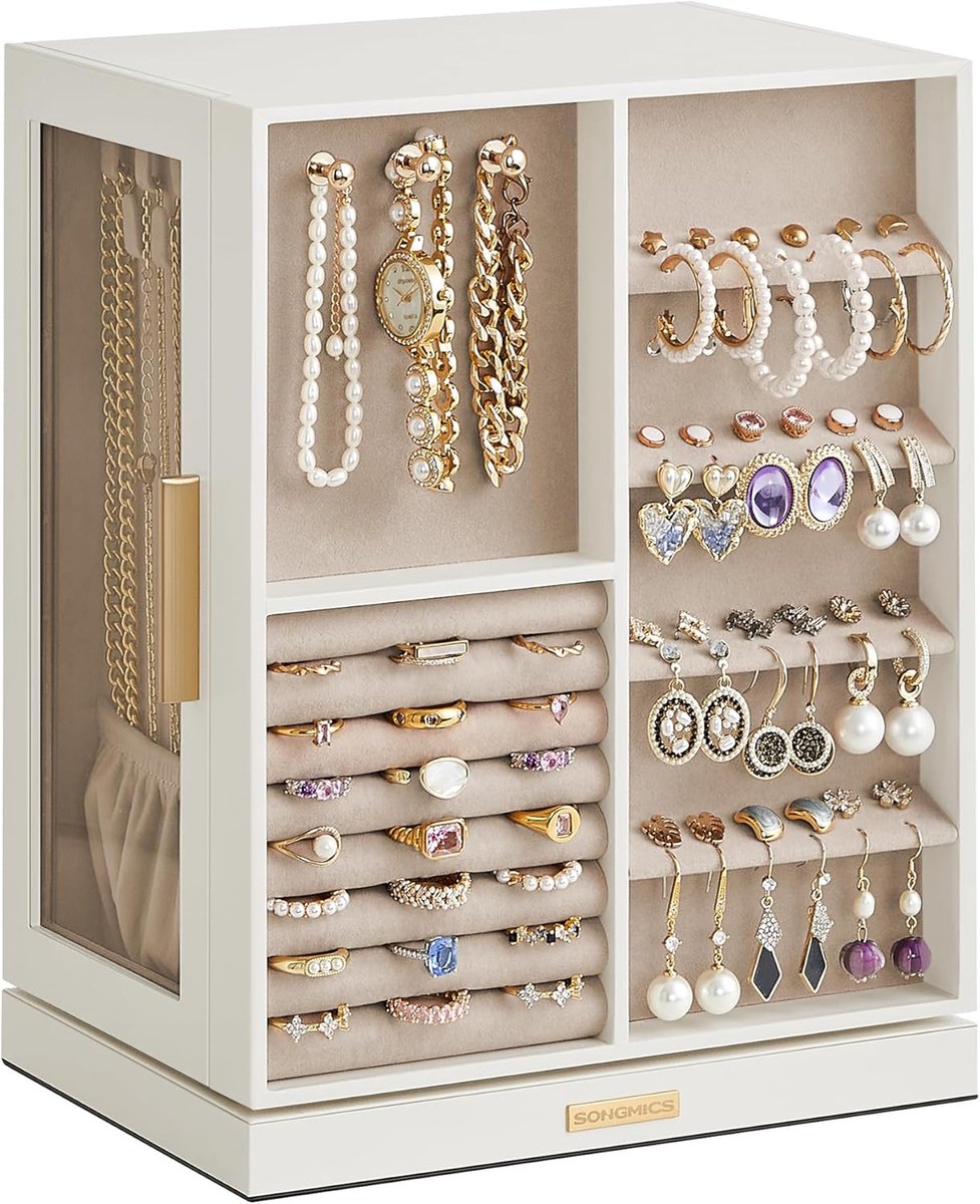 Sieradenkast 360° draaibaar met 5 lades, sieraden organizer met kettinghaken, spiegelopslag, wit MDF 28,5 cm