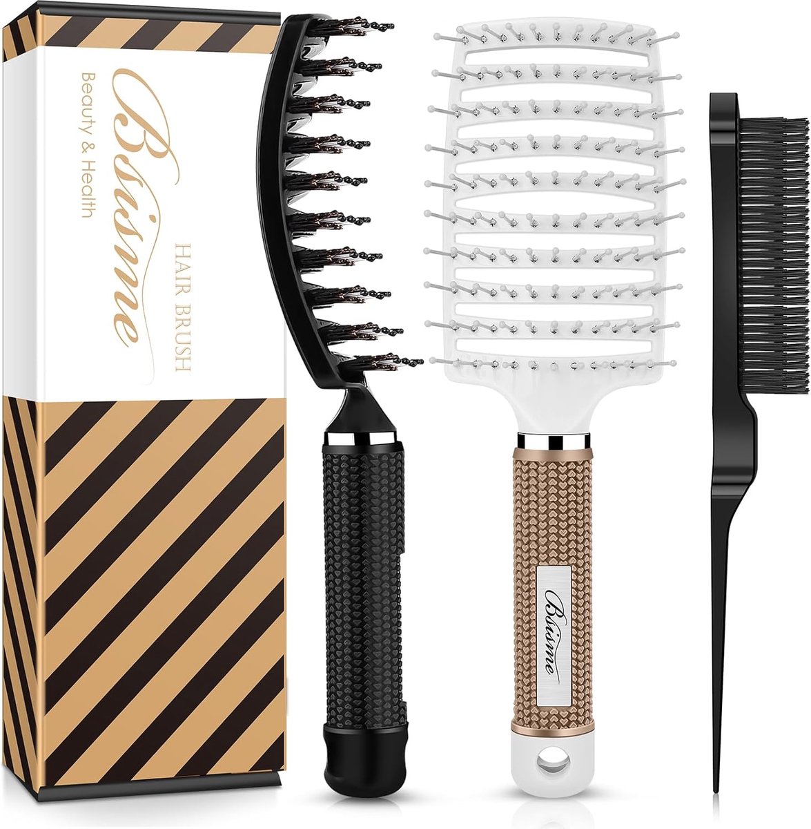 SnelShoppen - Hair Brush Comb Set - Borstel voor Drogen, Ontwarren & Stylen van Nat en Droog Haar, Geschikt voor Curly, Dik en Steil Haar - Zwart, Per