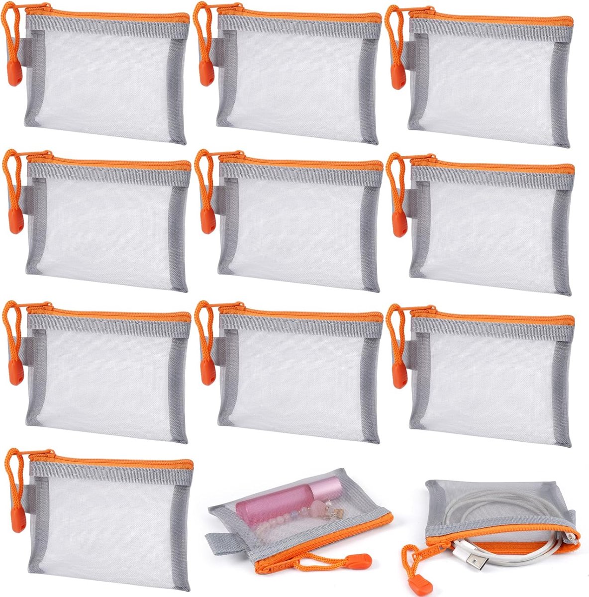 SnelShoppen - Set van 10 Kleine Mesh Pockets met Rits, 11 x 8 cm, Draagbare Reistasjes, Transparante Nylon Mesh Pennenzak voor Toiletartikelen en Sleu
