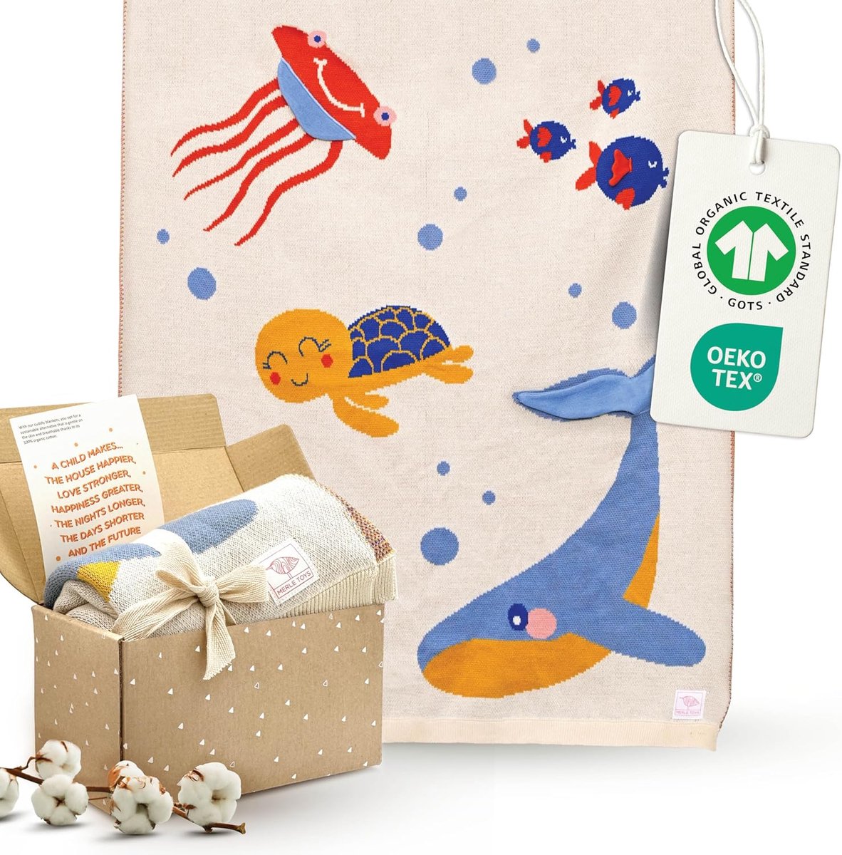 SnelShoppen - Babydeken van 100% biologisch katoen - 3D zeewereld - zachte hydrofiele babydeken voor pasgeborenen - ideaal voor wieg, kinderwagen en s