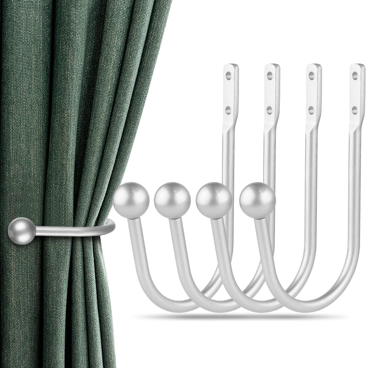 SnelShoppen - 4 Stuks Gordijnhouders Wandgemonteerd Retro Raamhaak Aluminium Legering Zilver voor Huisdecoratie, Duurzaam en Corrosiebestendig
