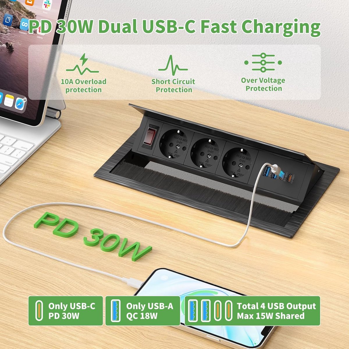 SnelShoppen - Intrekbare stekkerdoos 3-voudig met 2 USB-C PD 30W en 2 USB-A, Aluminium inbouwstopcontact, Zwart, Tafelstopcontact met schakelaar, 1,8