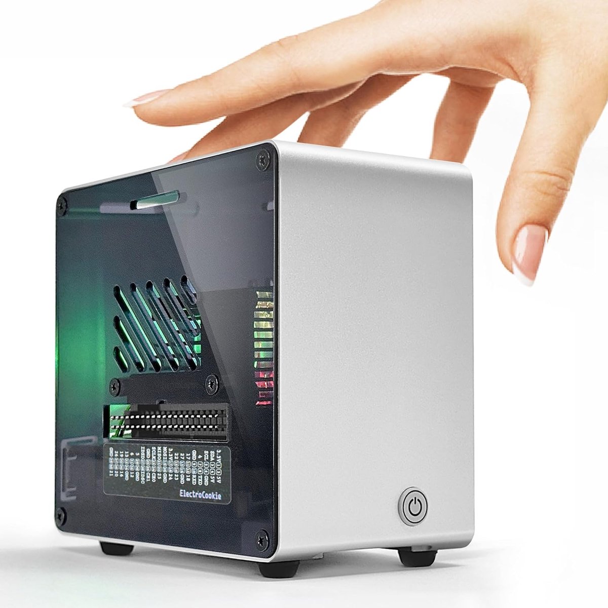 SnelShoppen - ElectroCookie Raspberry Pi 5 Behuizing, Aluminium Mini Tower Case met Ventilator en Kleurveranderende Ambient Light (Zilver)