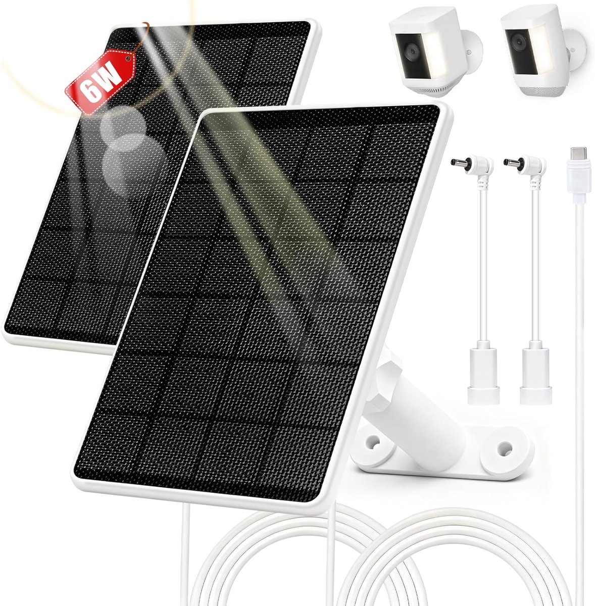 SnelShoppen - 6W Zonnepaneel voor Ring Camera 2 Pack | 6W Zonnepaneellader met USB-C naar Barrel-Stekkeradapter, 3 m Oplaadkabel, IP66 Waterdicht, Ide