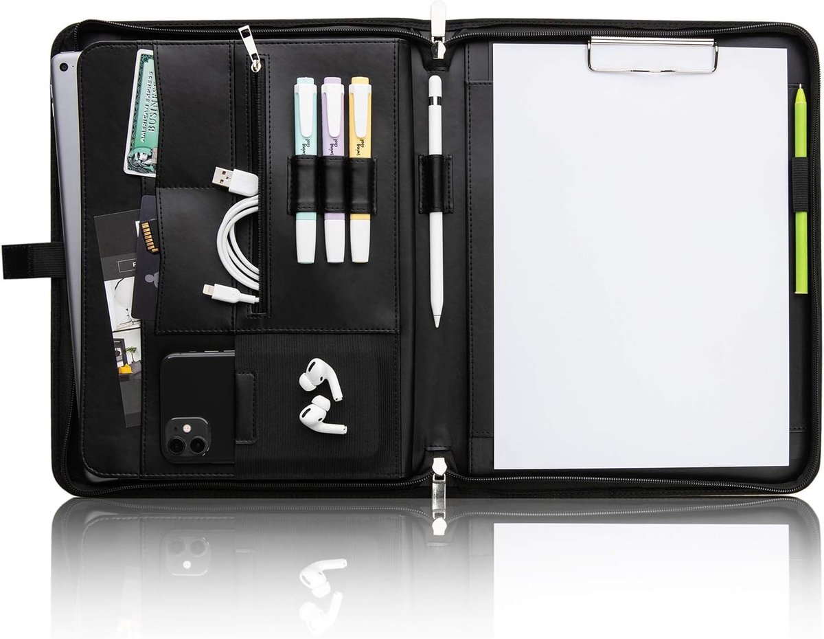 SnelShoppen - Vebon Roma Large A4 Meeting Folder met Clipboard, Double Zip Laptop Bag, Extra Opbergruimte, Zwart Faux Leer, Modern Design voor Profess
