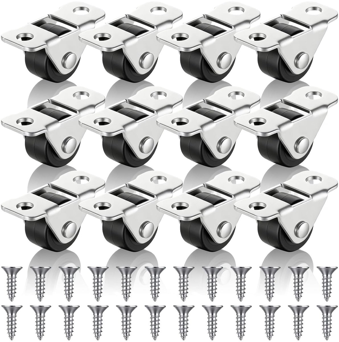 SnelShoppen - 12pcs Mini Meubelwielen - 12mm Rubber Loopwielen met 24 Schroeven - Stil, Niet-Roteerbaar, Voor Kleine Meubels en Doe-Het-Zelf Projecten