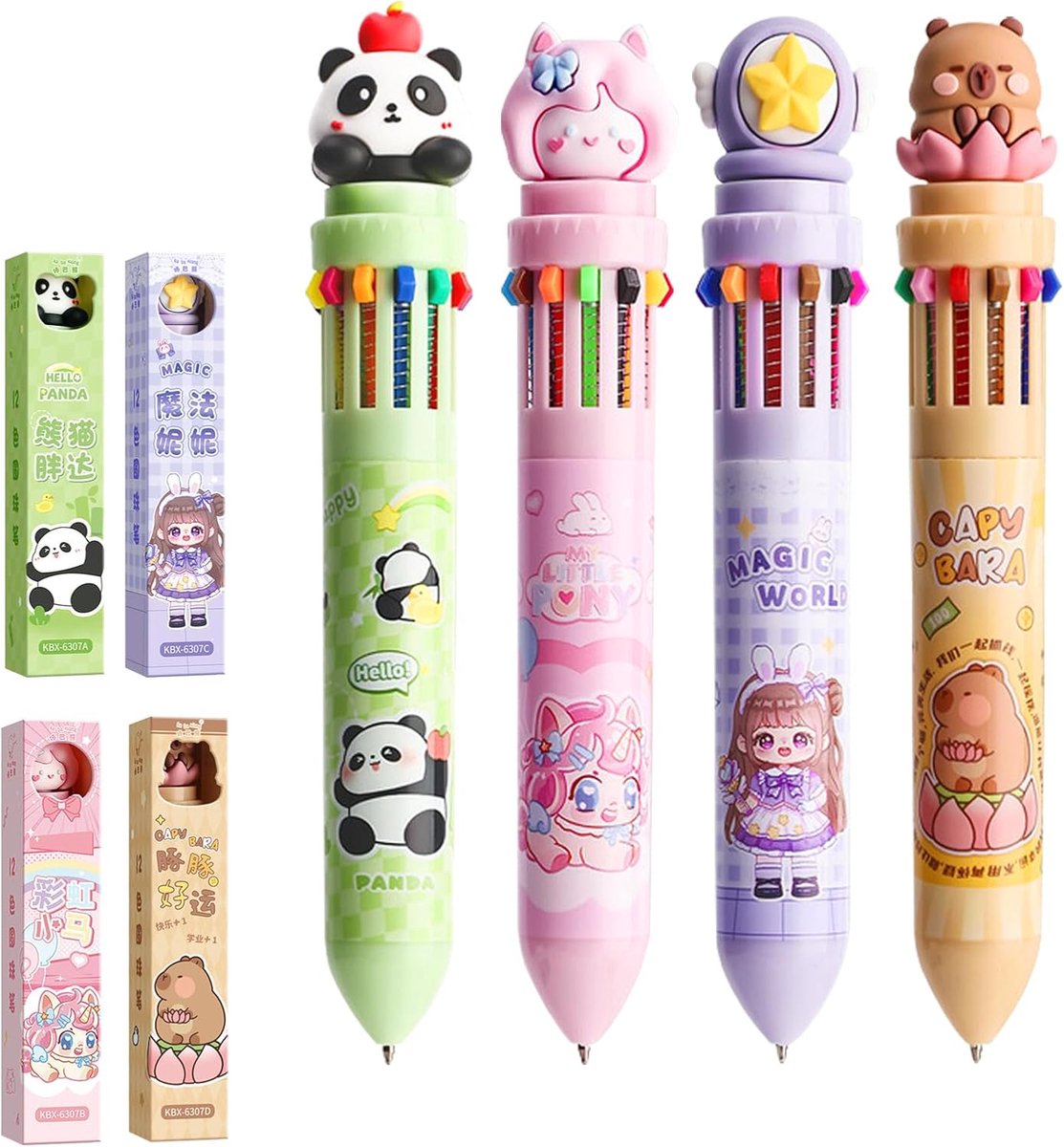 SnelShoppen - Retractable Colored Pens 4 stuks, 12 Kleuren Multifunctionele Balpen, Creatieve Schrijfbenodigdheden, School en Kantoor, Leuke Cartoon P