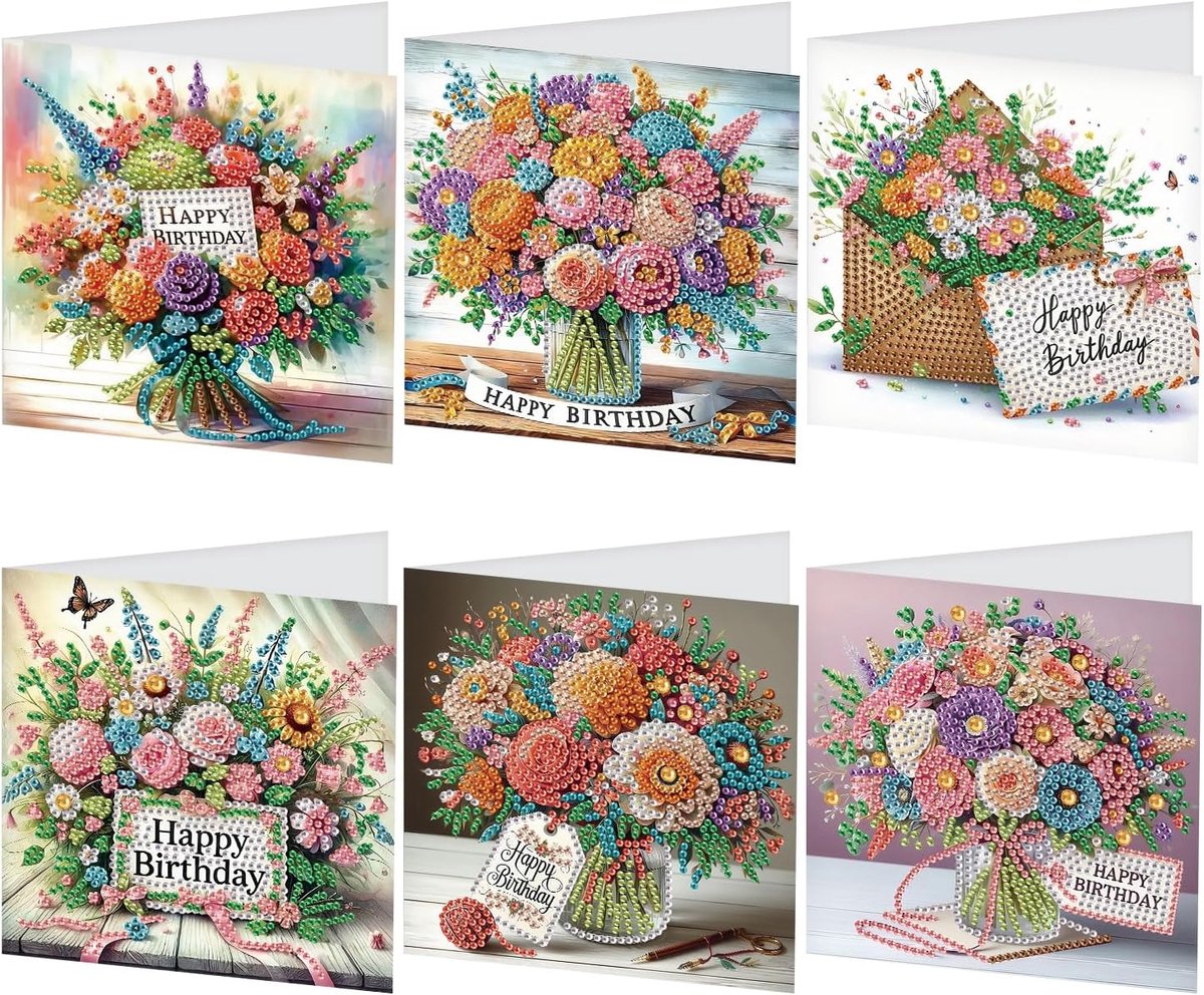 SnelShoppen - 6 Stuks Diamant Schilderen Kaarten Verjaardag Bloem Diamant Schilderen Wenskaarten Bloem Schilderen Borduren Cross Stitch Verjaardag Kaa