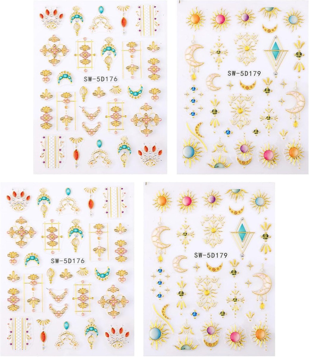 SnelShoppen - 4 Stuks Zonne- en Maan Nagelstickers - 5D Geëmbossed Gouden Boho Nagelstickers - Zelfklevende Metallic Tribale Totem Ontwerp Manicure Ar