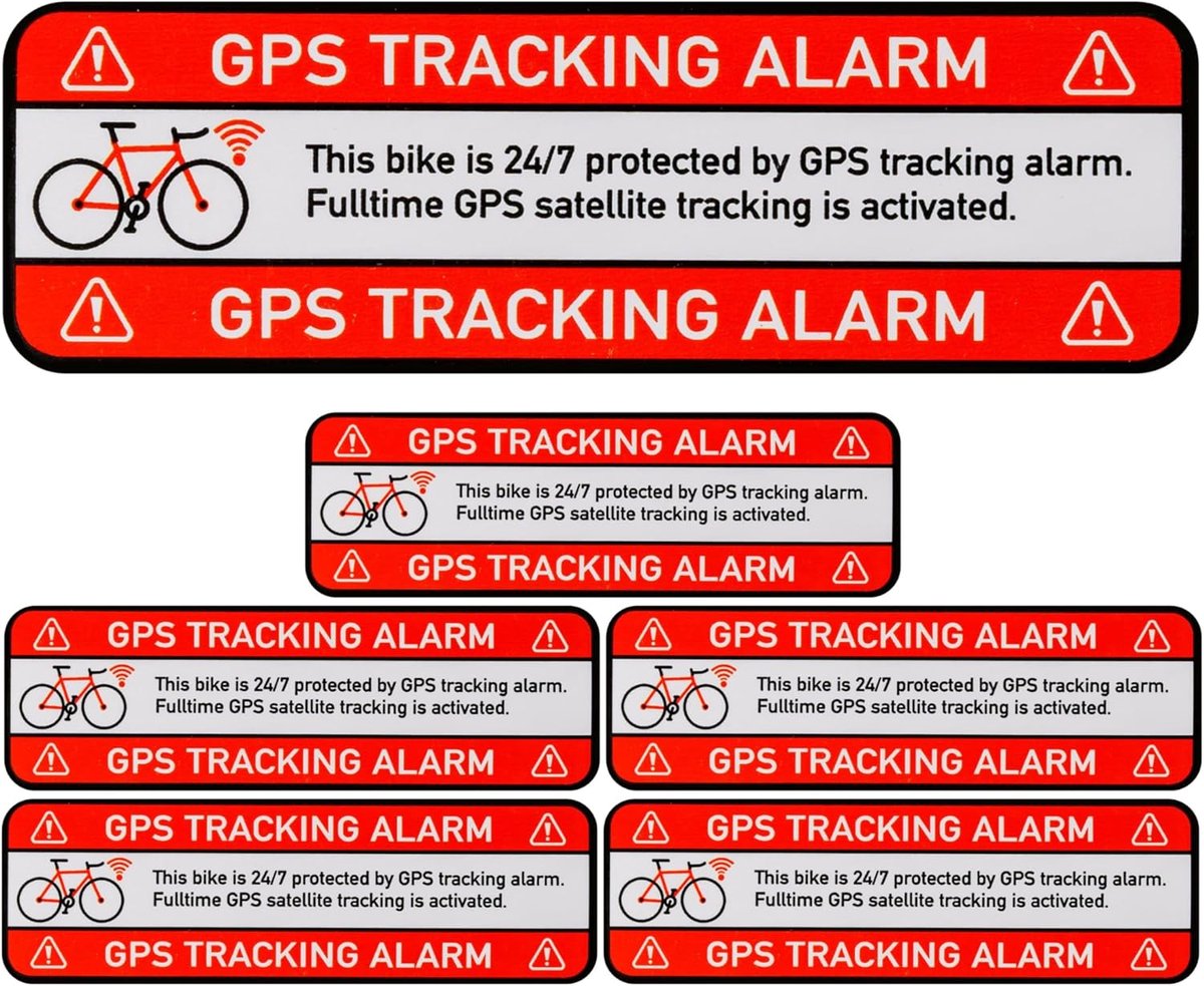SnelShoppen - BIKE GPS TRACKING ALARM! Sticker Set van 6, 67 x 21 mm, Zelfklevende Fim, Buitengebruik, Fietswarning Sticker, Anti-Diefstal Bescherming
