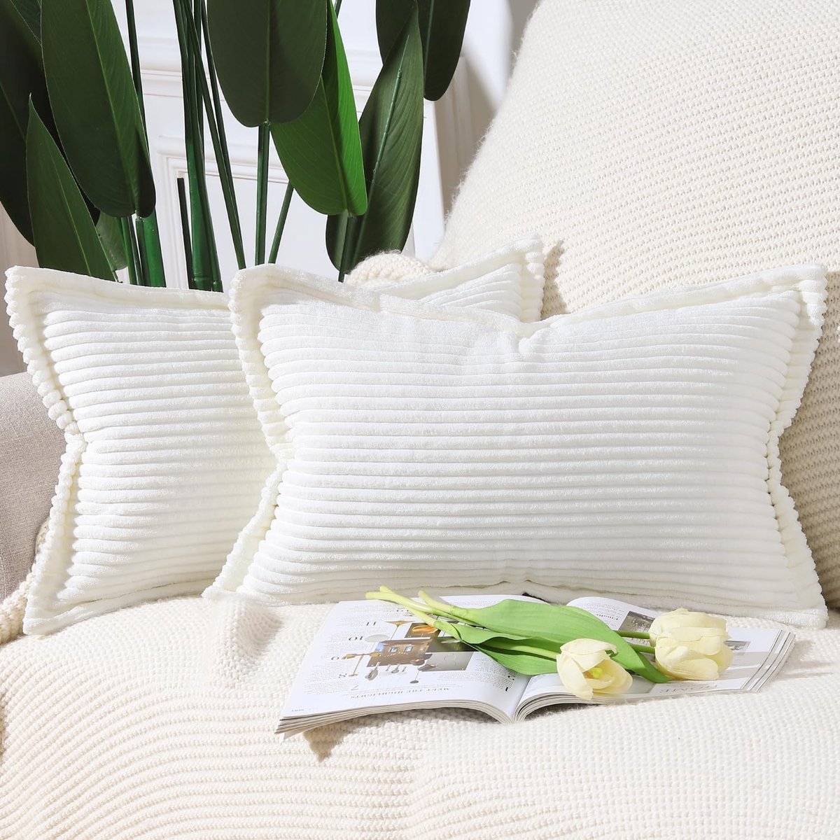 SnelShoppen - Set van 2 Corduroy Boho Kussenhoezen met Franje - Zacht Decoratief Kussen voor Sofa en Slaapkamer - 30x50cm Crème Wit