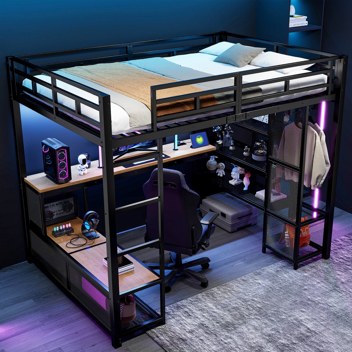 Hoogslaper 140x200 cm met opbergruimte - open kledingkast - USB-poorten en LED-verlichting - zwart - zonder matras