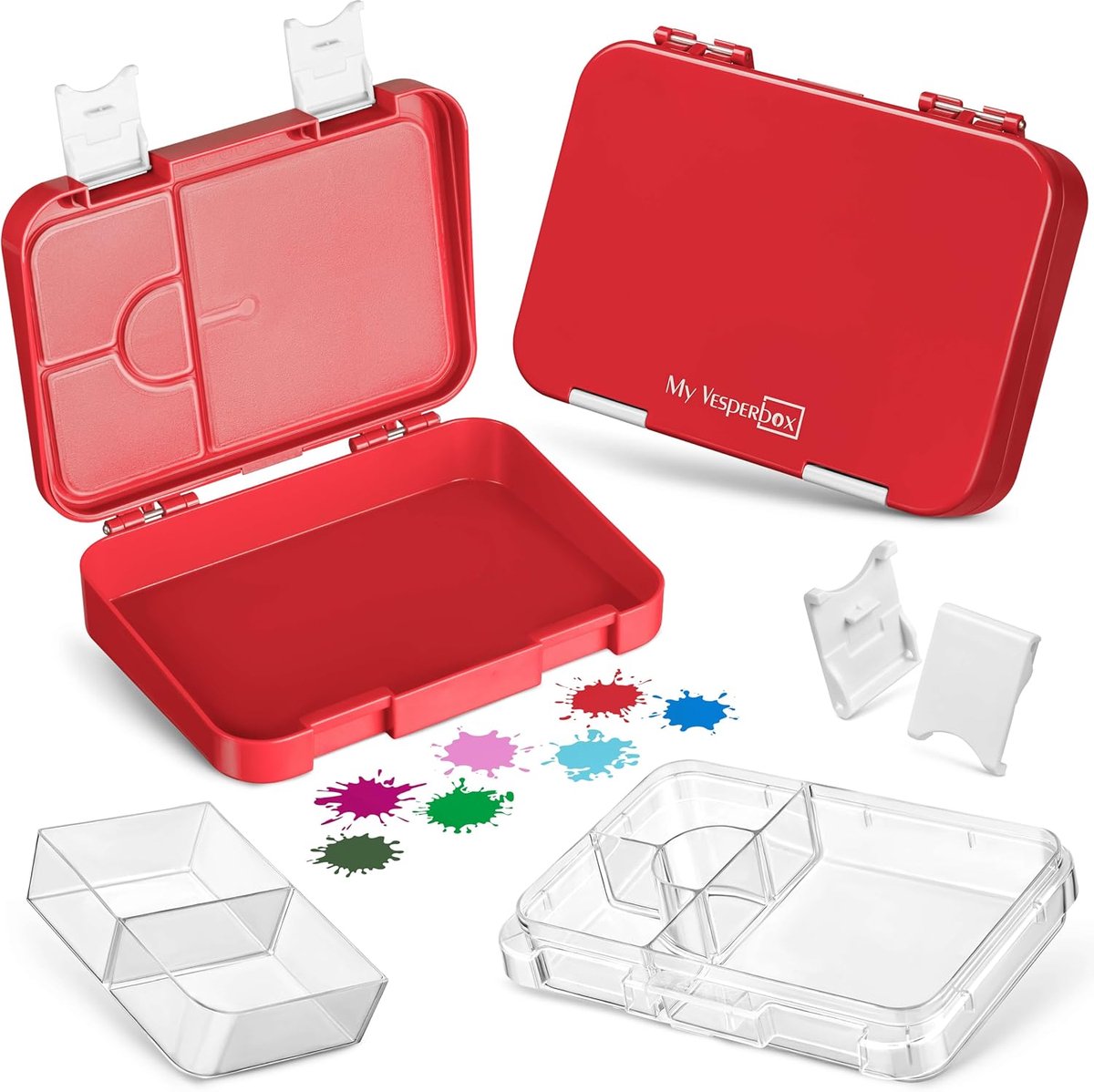 SnelShoppen - Kindvriendelijke Bento Box Lunch Box met 4 + 2 Compartimenten, Robuust en Veilig, Ideaal voor School en Peuters, Rood/Wit