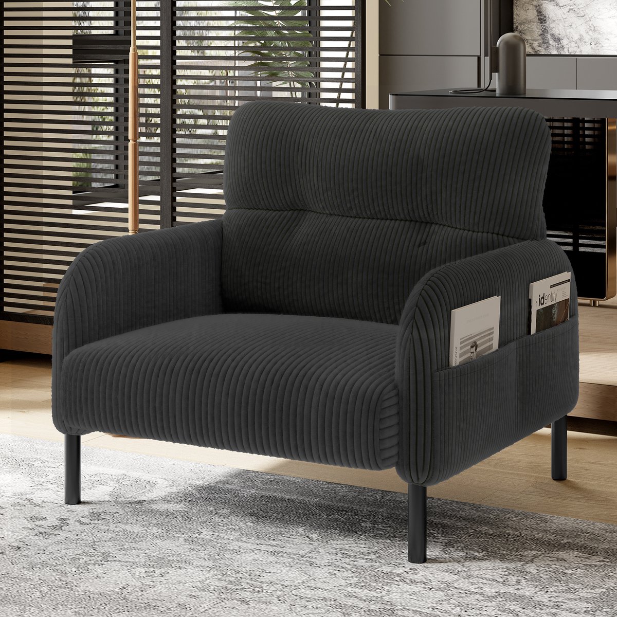 COVREO Fauteuil 67x75x79 cm – grijs cord, metalen frame, met zijvakken en armleuningen