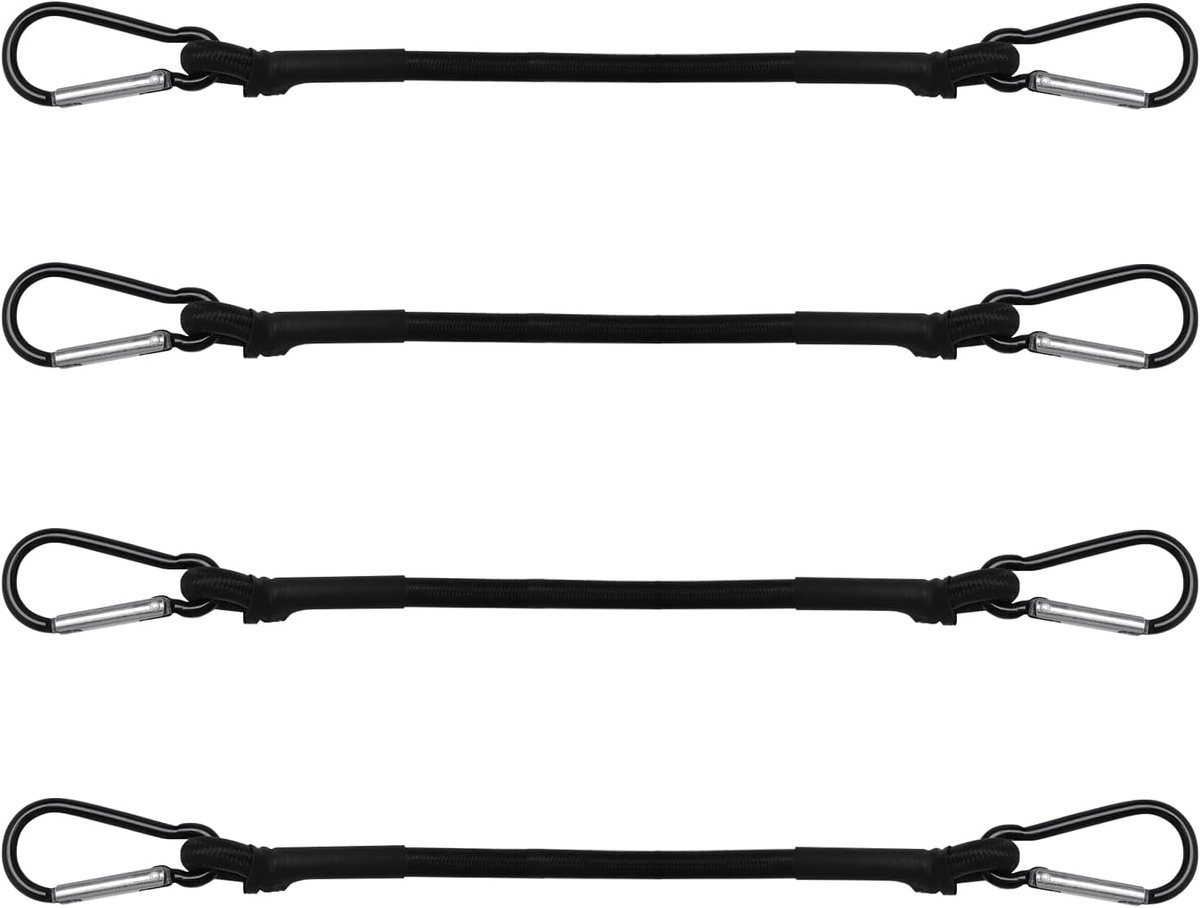 SnelShoppen - Set van 4 Sterke Bungee Koorden met Haakjes 30 cm - Elastische Trekbands met Karabijnhaak voor Fietsen, Outdoor, Luggage Fixatie