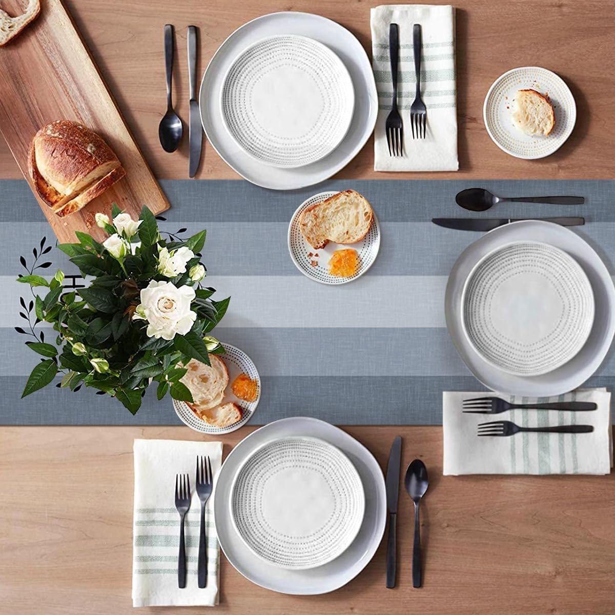 SnelShoppen - Vintage Table Runner 40x140cm Wit Boerderij Stijl met Groene en Blauwe Placemats - Retro Tafelkleed voor Eetkamer, Feest, Bruiloft, Koke