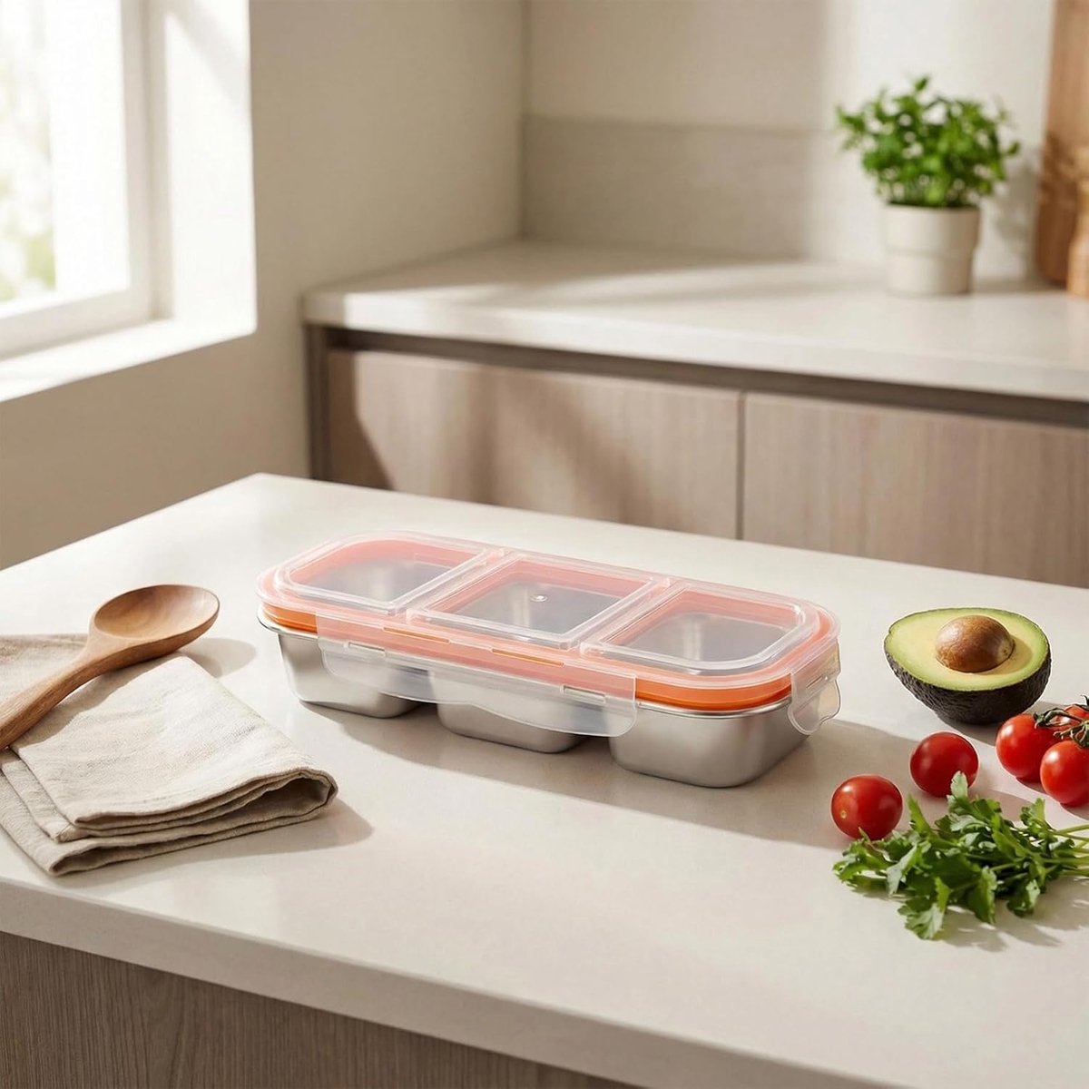 SnelShoppen - Snackbox met 3 Vakken van Roestvrij Staal, Lekdicht, Magnetronbestendig, Ideaal voor Kinderen, Perfecte Broodtrommel en Snackschaal voor