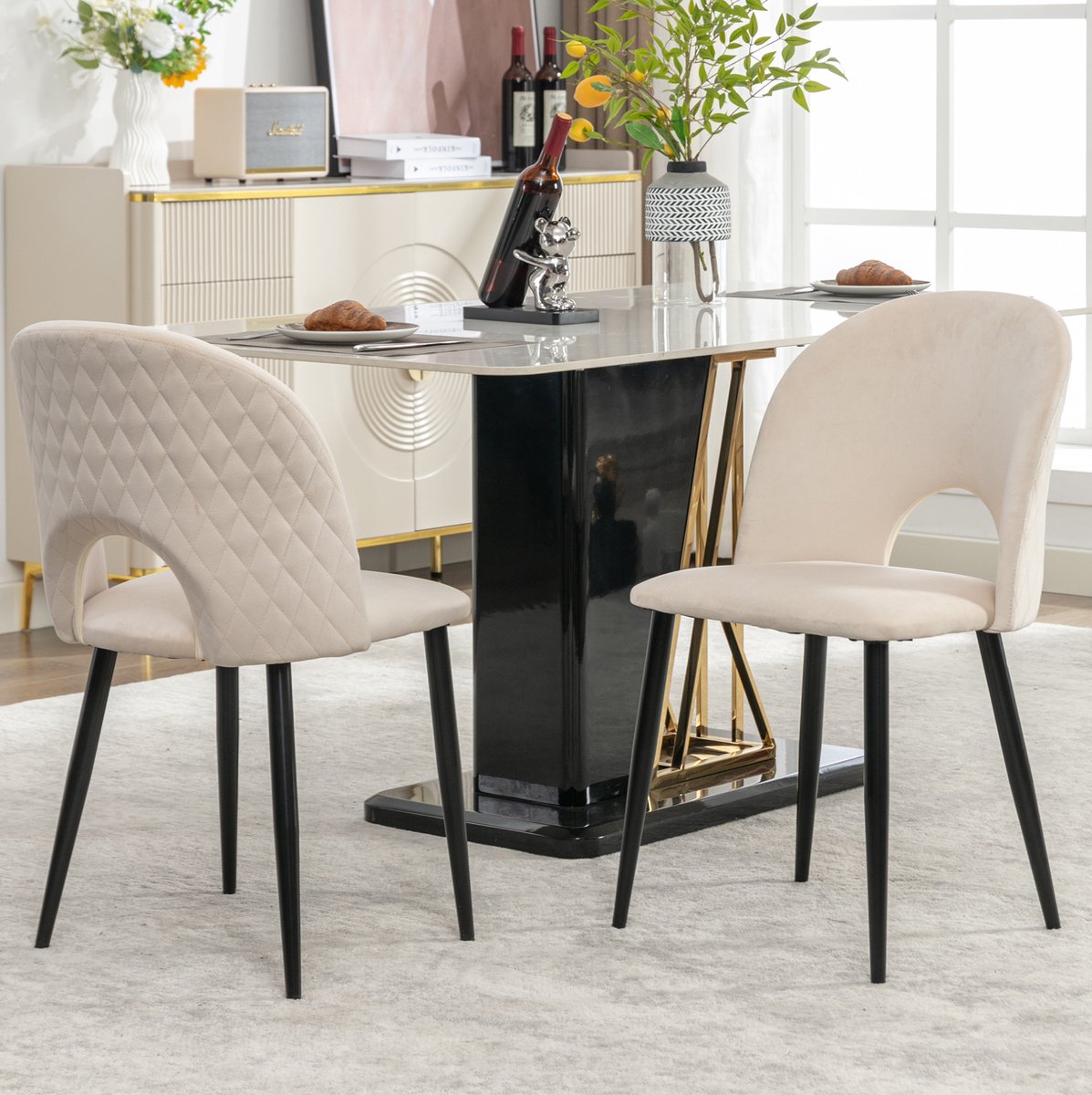 COVREO Eetkamerstoel set van 2, 84 cm hoog, beige velvet, verstelbare poten