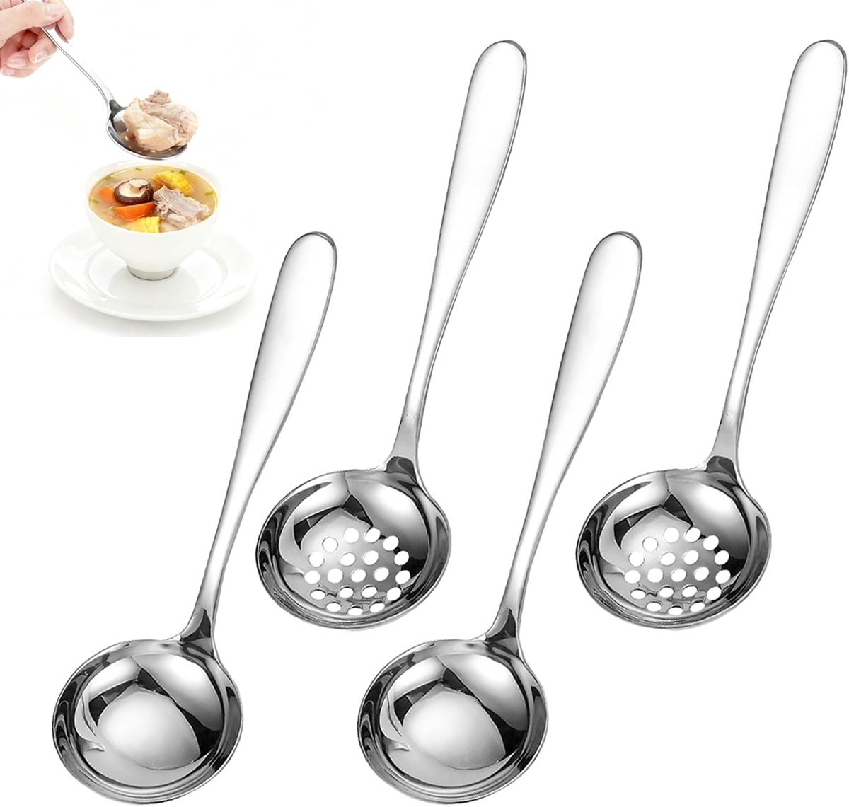 SnelShoppen - 4-delige RVS Soeplepel Set - 20cm Serveerlepel en Opscheplepel voor Soepen, Sauzen en Broth, Hoogwaardige Roestvrijstalen Lepels voor Ke