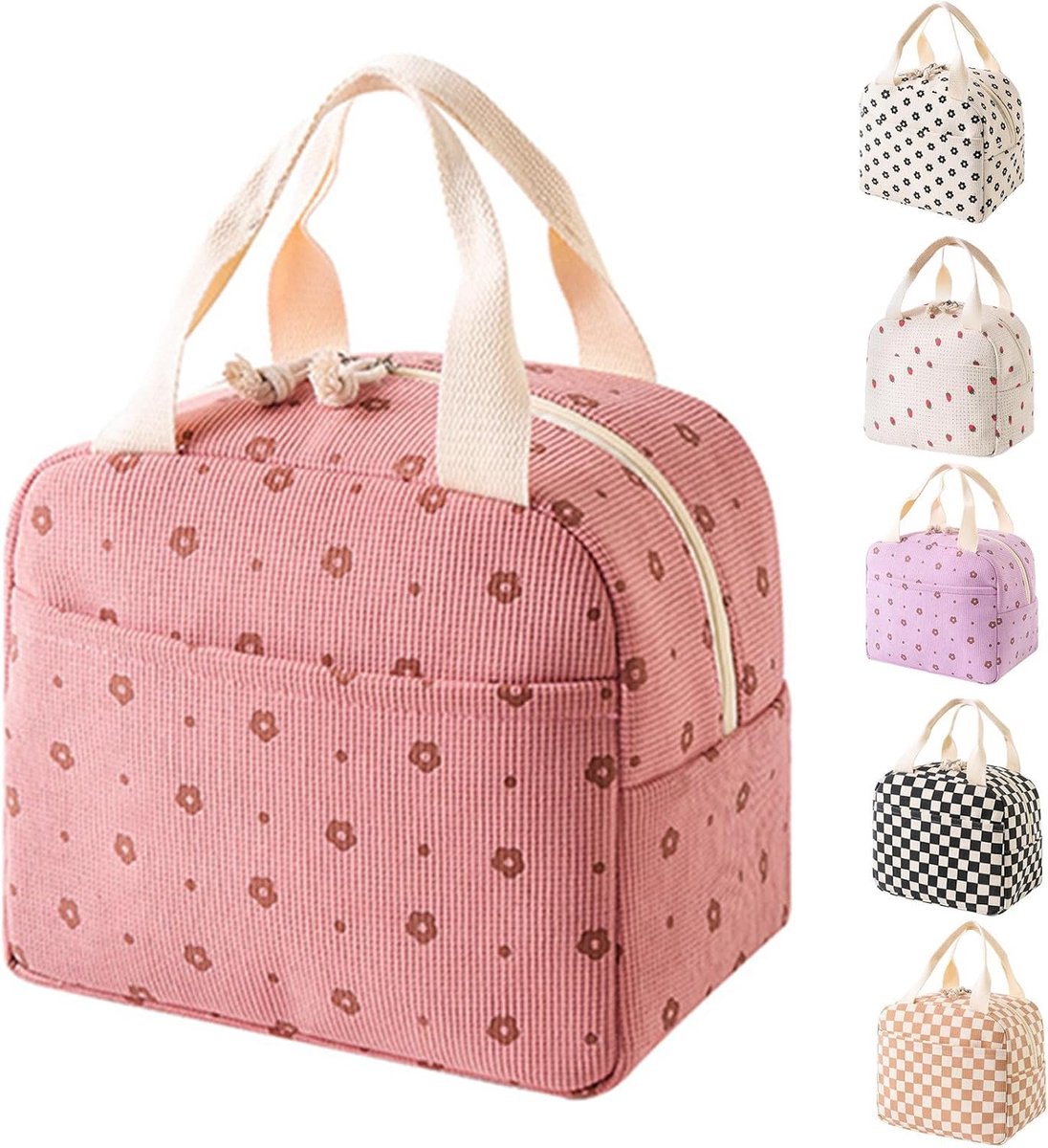 Lunchtas - Geïsoleerde Handtas voor Dames - Corduroy Koeltas met Stijlvol Bloemenpatroon - Compacte Lunchkoeler voor School en Werk - Roze