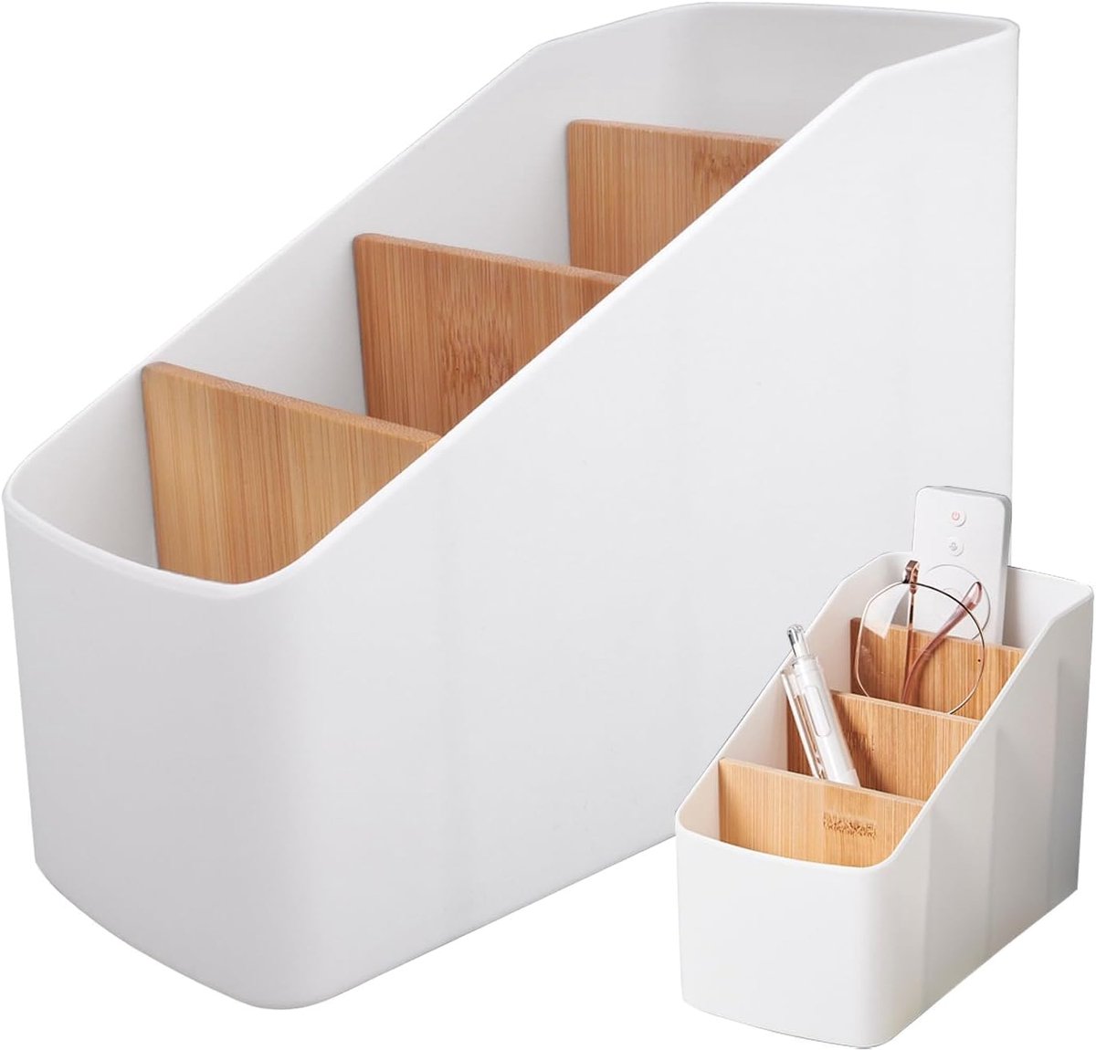 Houten Bureau Organiser met 4 Uitneembare Vakken - Bureau Organizer voor Kantoor en Thuis - Multifunctionele Pennenbak en Afstandsbediening Houder - Compact Design - Naturel