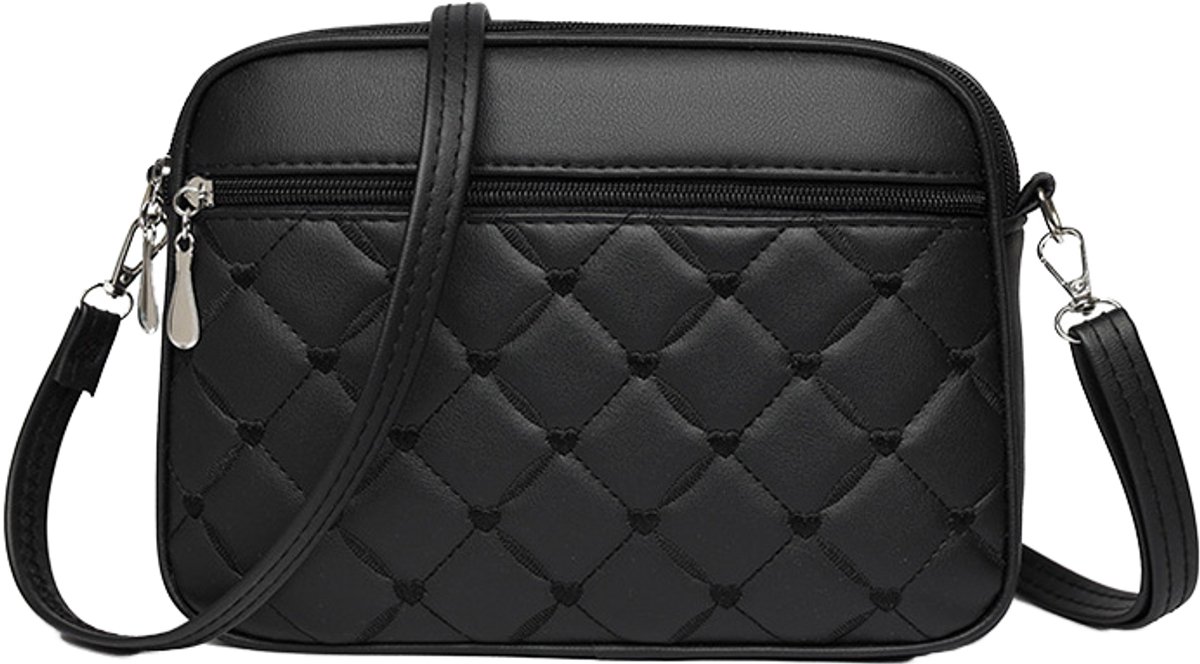 VHV - Crossbodytas Dames - Schoudertas van echt leer - Meerdere opbergvakken en verstelbare schouderband - Voor dagelijks gebruik - Zwart