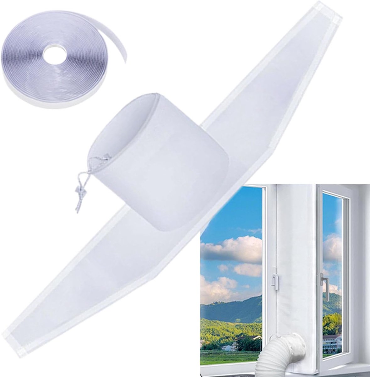 VHV - Raamafdichting Mobiele Airco - Universele raamafdichtingskit met trekkoord en klittenband - Voor afvoerslang, raam en deur - Tegen insecten - 400 x 37 cm - Wit