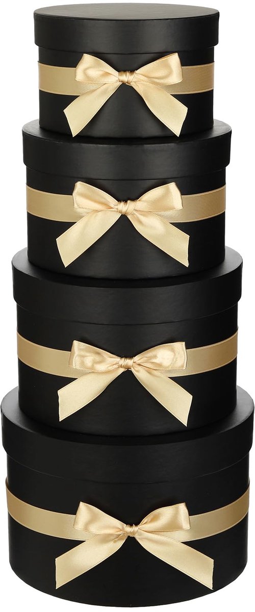 SnelShoppen - 4 Stuks Elegante Zwarte Geschenkdozen met Strik - Ronde Hoedendozen voor Feesten, Verjaardagen, Bruiloften, Kerstmis en Valentijnsdag -