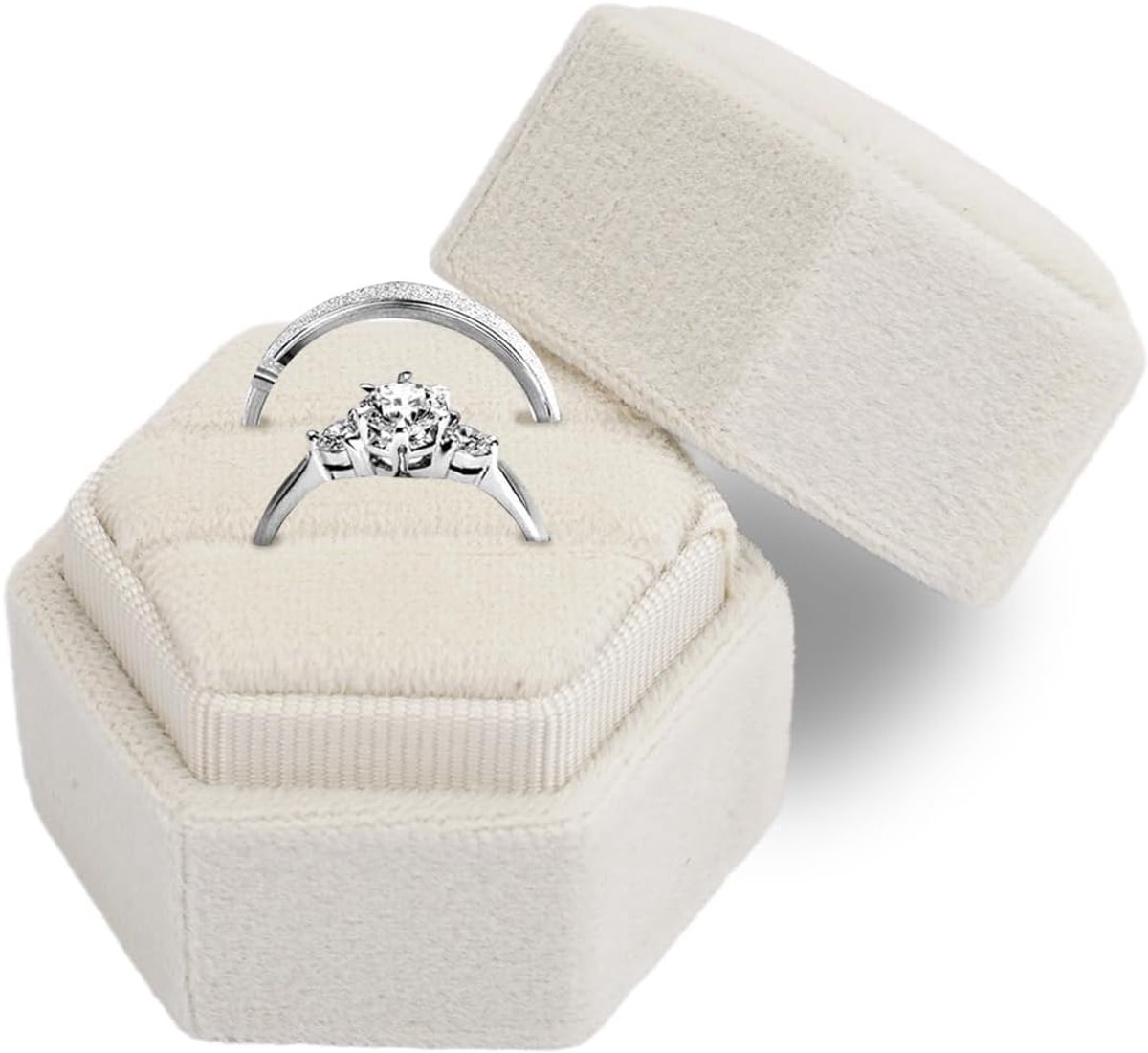 SnelShoppen - Velvet Ring Box Hexagon Dubbel Slot Vintage Huwelijk Engagement Verloving met Afneembare Deksel - Luxe Ringdoos voor Trouwerijen en Voor